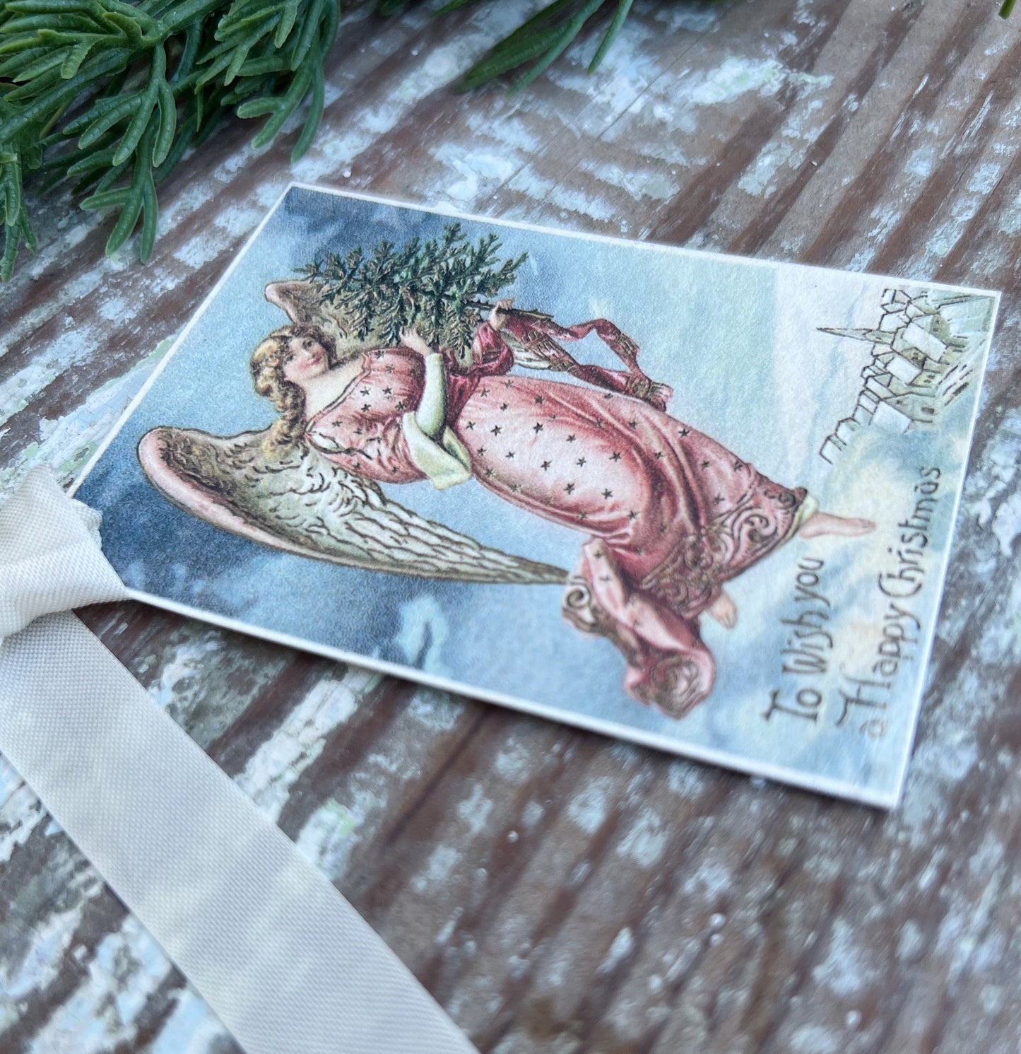 Christmas Vintage Gift Tags ANGEL With TREE Farmhouse Christmas Decor Card French Shabby Gift Wrap