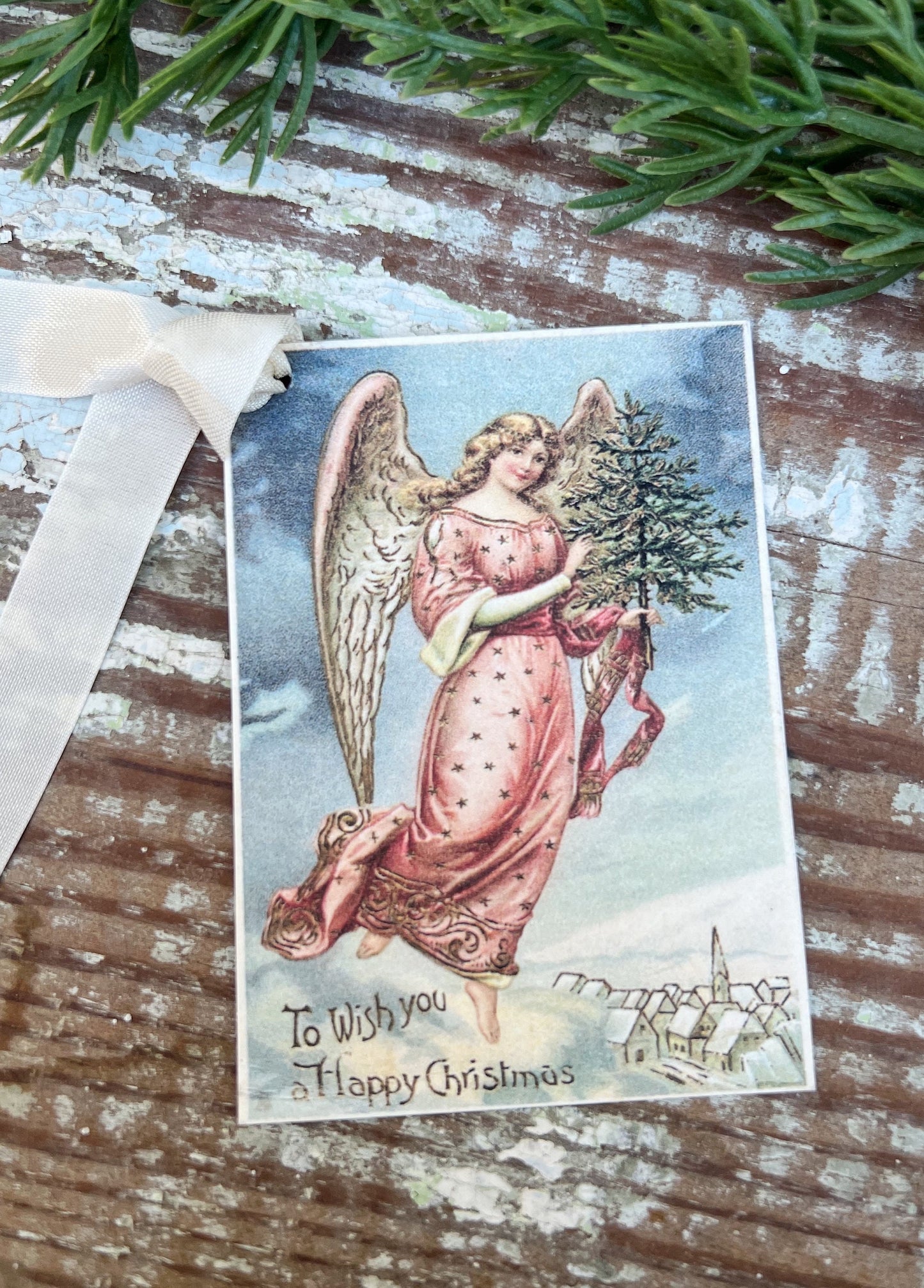 Christmas Vintage Gift Tags ANGEL With TREE Farmhouse Christmas Decor Card French Shabby Gift Wrap