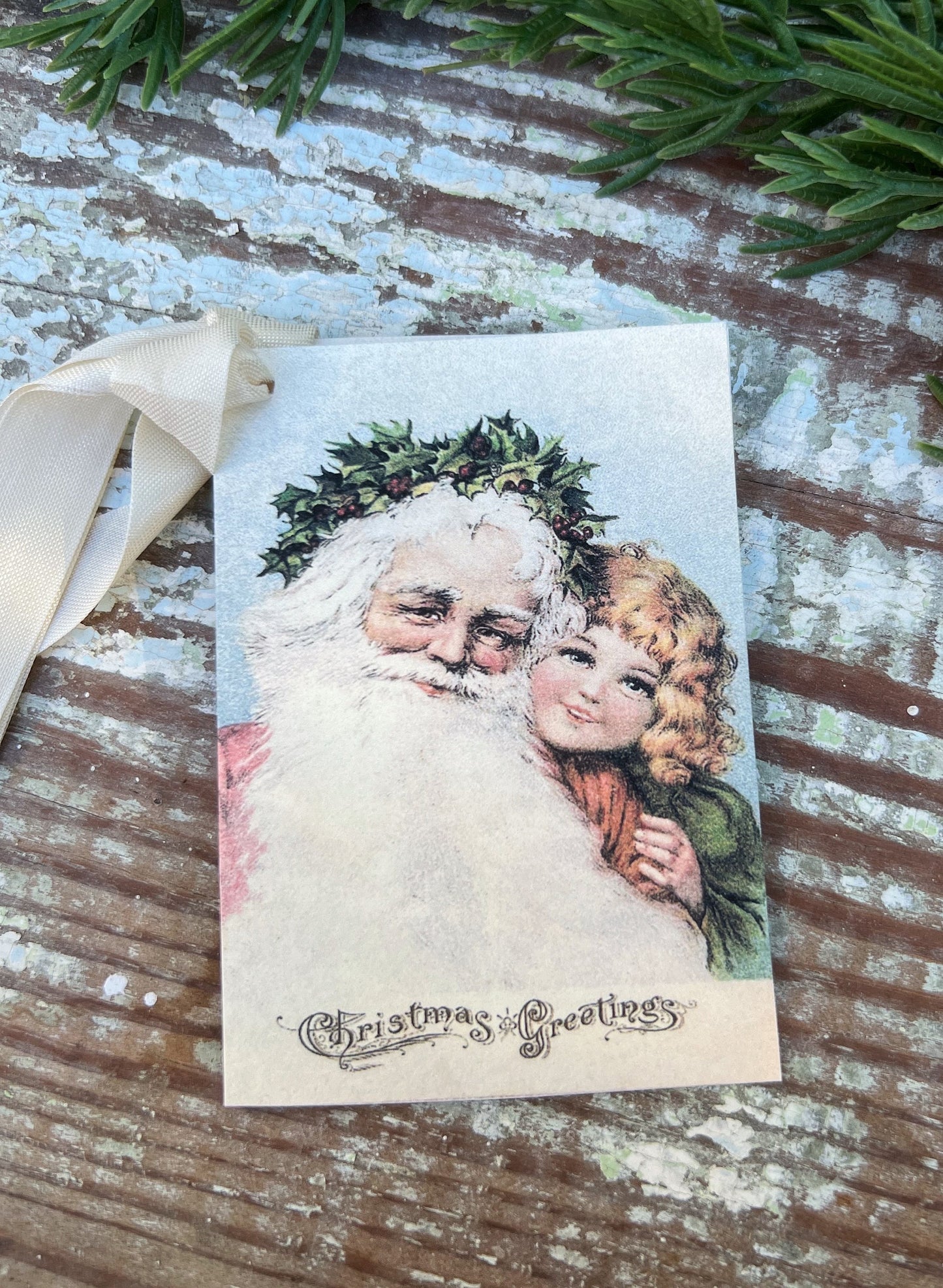 Christmas Vintage Gift Tags SANTA With CHILD Greetings Farmhouse Christmas Decor Card French Shabby Gift Wrap