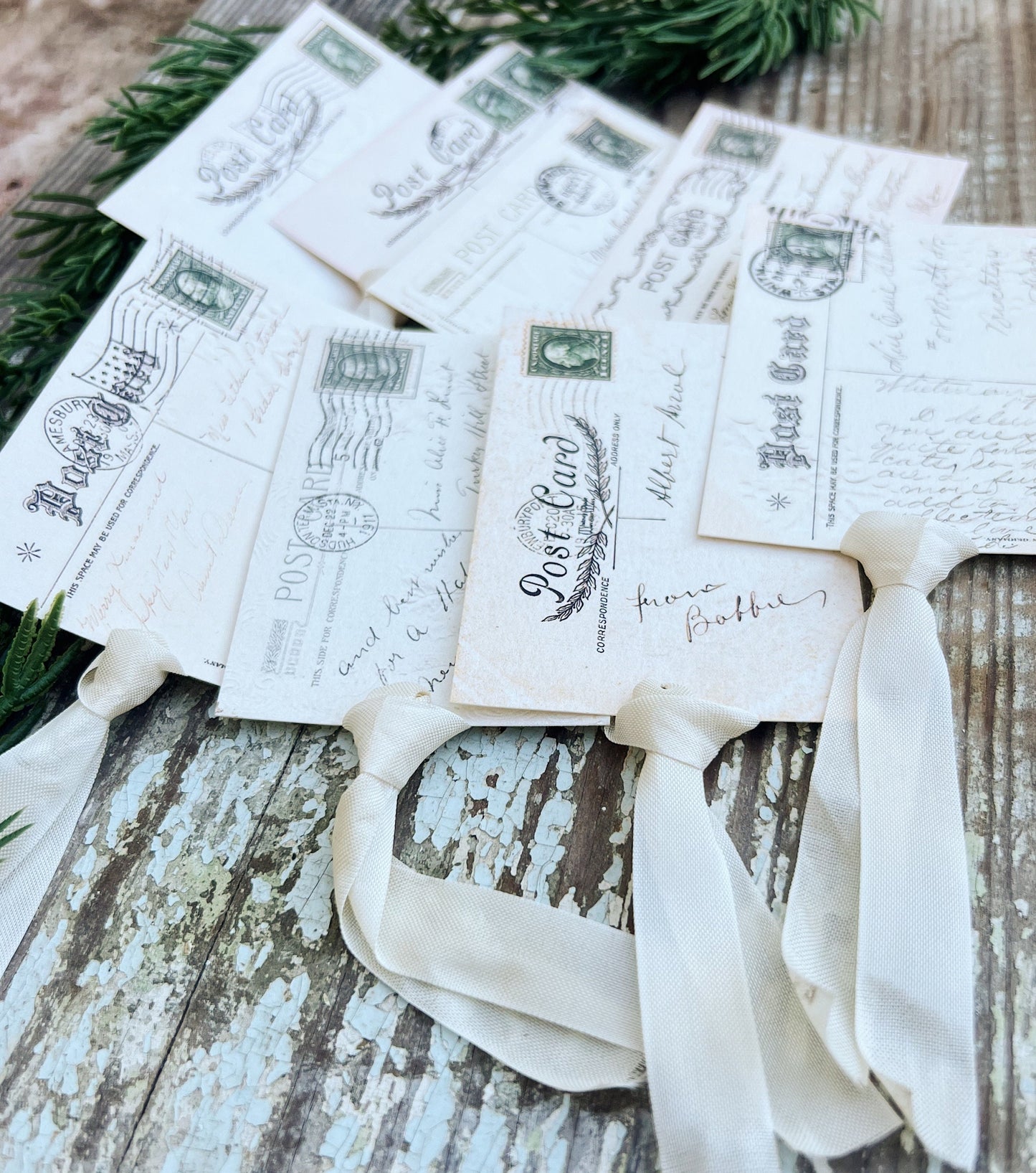 Christmas Vintage Gift Tags POST CARD GREEN Stamps Farmhouse Christmas Decor Card French Shabby Gift Wrap