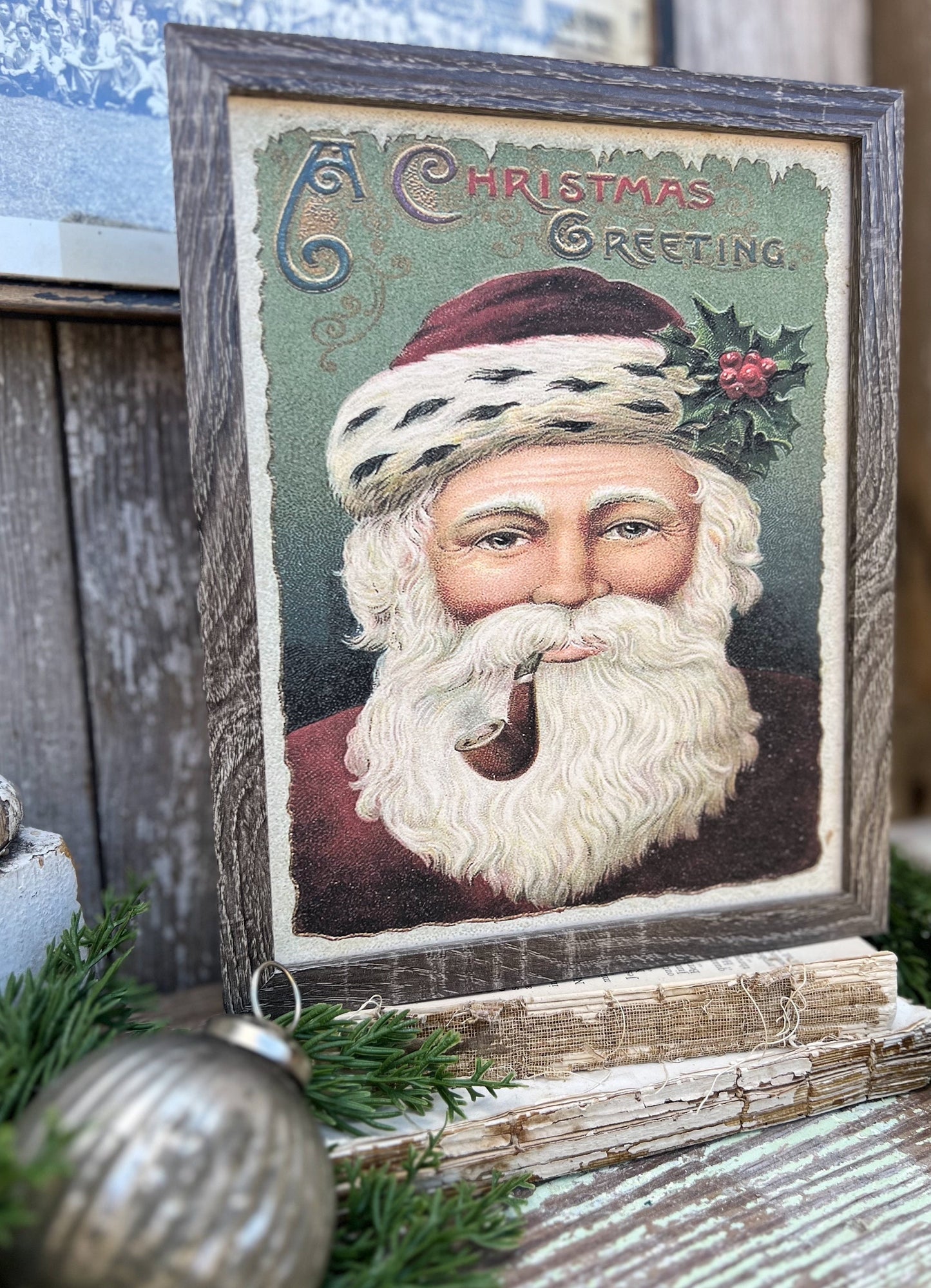 Christmas SANTA Wood Sign FRAMED Vintage Christmas Farmhouse Decor Wall Art Print Primitive