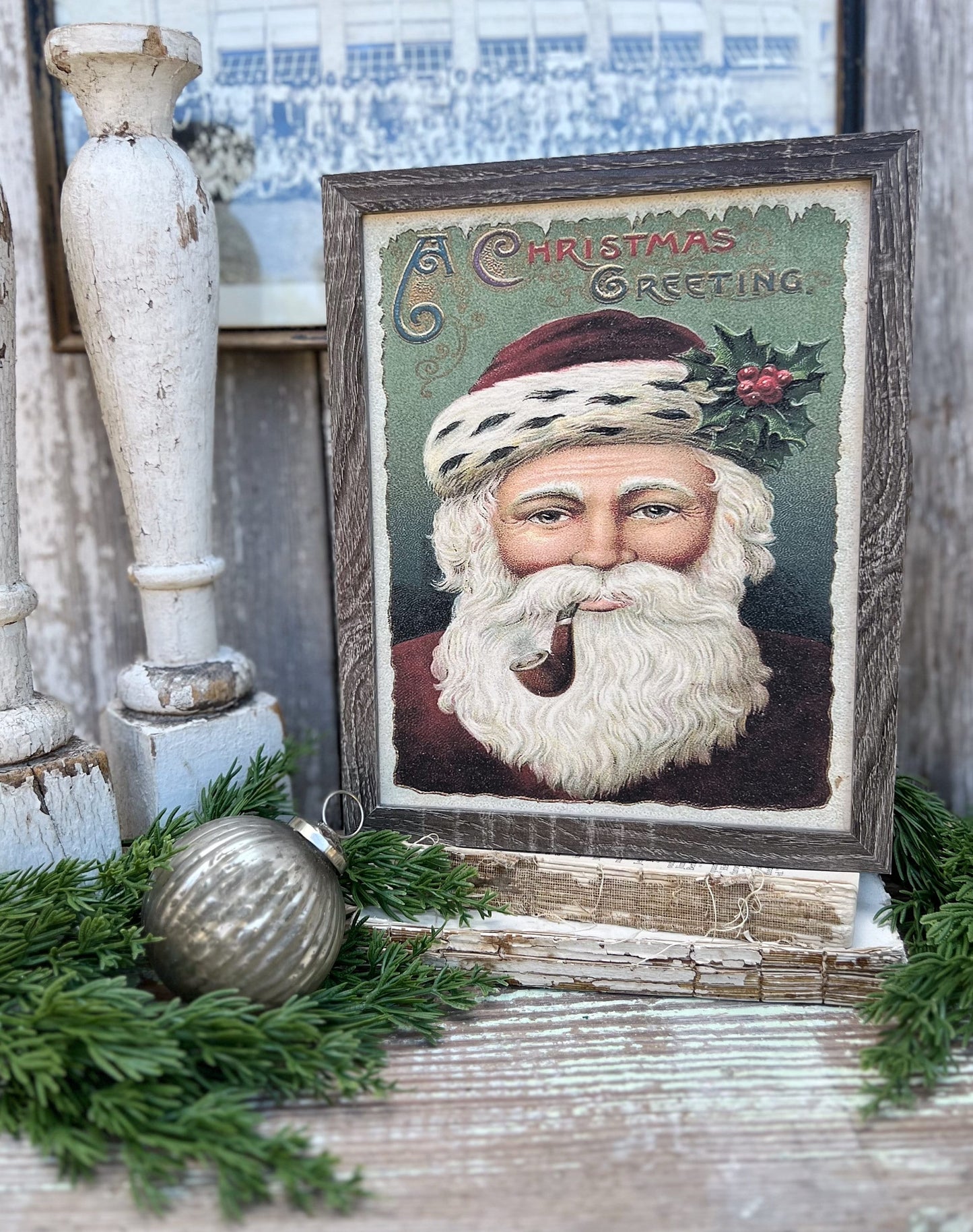 Christmas SANTA Wood Sign FRAMED Vintage Christmas Farmhouse Decor Wall Art Print Primitive