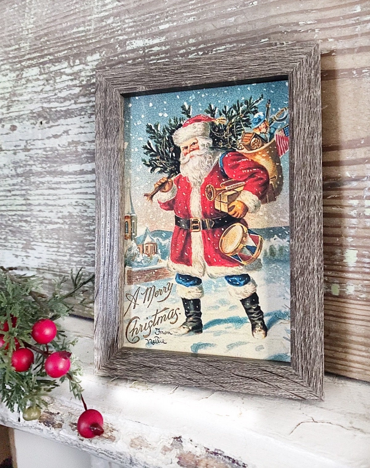 Vintage Christmas Santa MERRY CHRISTMAS Framed Sign Farmhouse Christmas Decor Barn Wood Rustic Primitive Christmas Sign