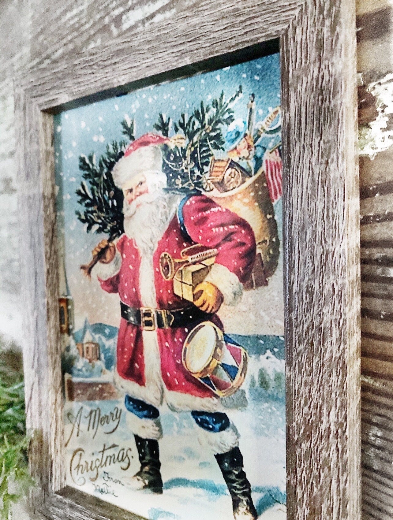 Vintage Christmas Santa MERRY CHRISTMAS Framed Sign Farmhouse Christmas Decor Barn Wood Rustic Primitive Christmas Sign