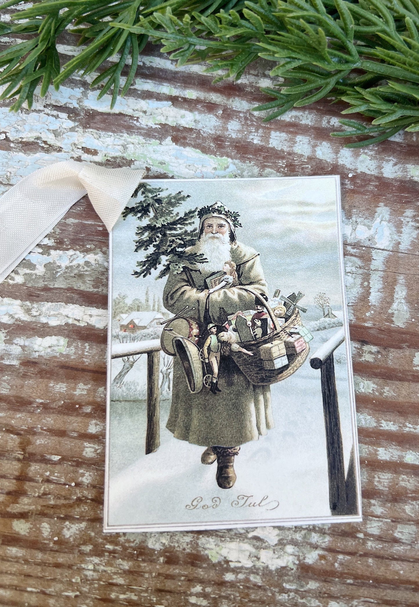 Christmas Vintage Gift Tags GREEN SANTA with TREE Bag Toys Farmhouse Christmas Decor Card French Shabby Gift Wrap Swedish God Jul