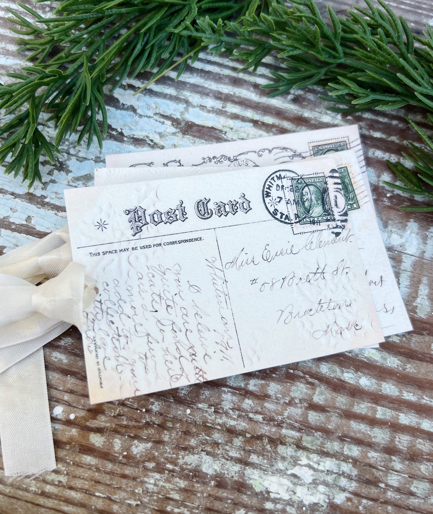Christmas Vintage Gift Tags POST CARD GREEN Stamps Farmhouse Christmas Decor Card French Shabby Gift Wrap