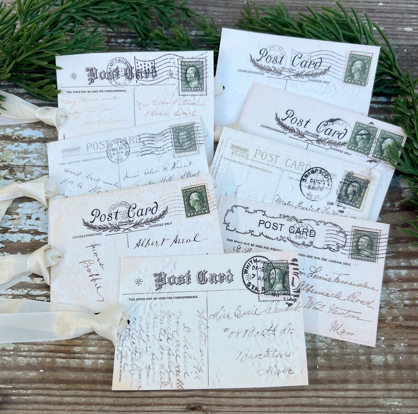 Christmas Vintage Gift Tags POST CARD GREEN Stamps Farmhouse Christmas Decor Card French Shabby Gift Wrap