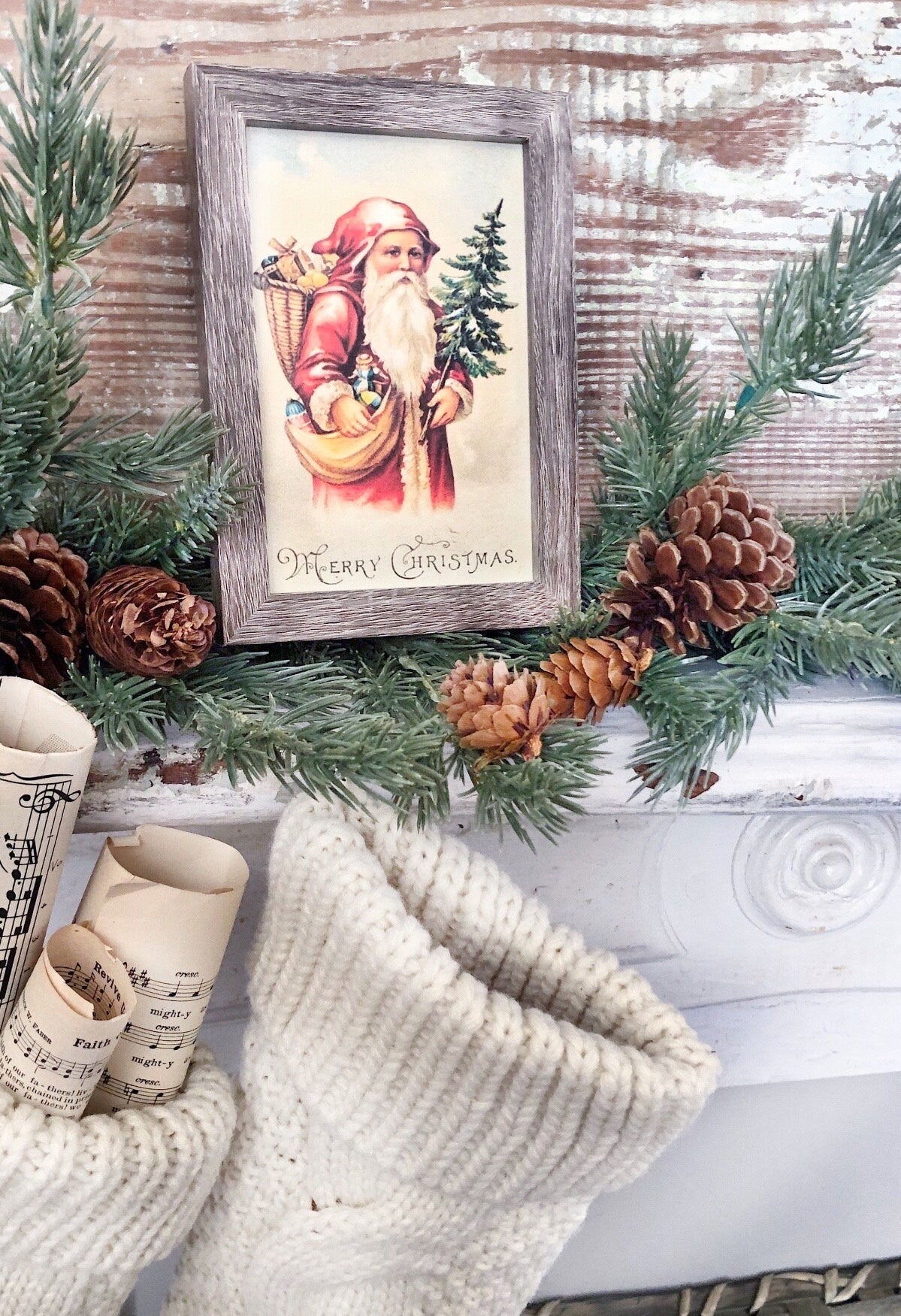 Vintage Christmas Santa MERRY CHRISTMAS Framed Sign Farmhouse Christmas Decor Barn Wood Rustic Primitive Christmas Sign