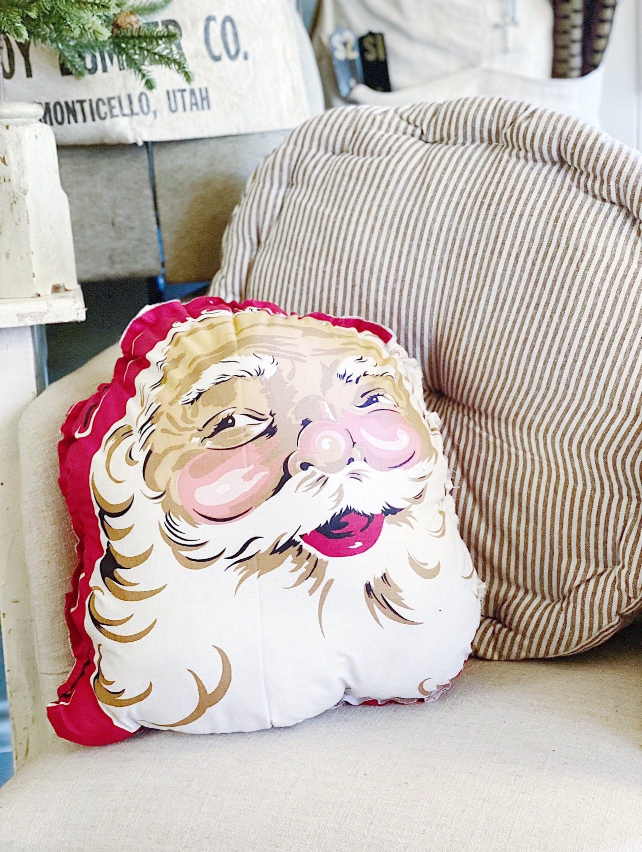 Vintage SANTA CLAUS PILLOW Farmhouse Retro Christmas Decor Merry Christmas Santa Face Large Oversized