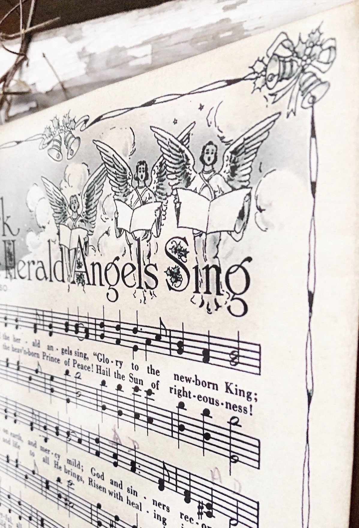 Hark The Herald Angels Sing Sign Wood Vintage Sheet Music Carol Christmas Decor Poster Farmhouse Decor Book Page Wall Art