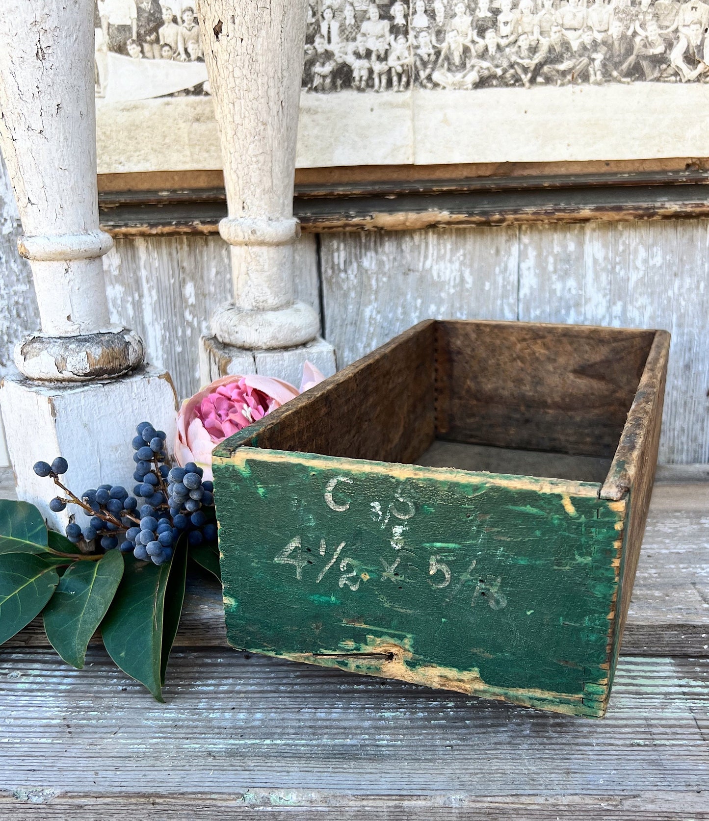 Antique Primitive Wooden Box Parts Crate Dovetaile Drawer Farmhouse Garden Spring Decor Green Paint