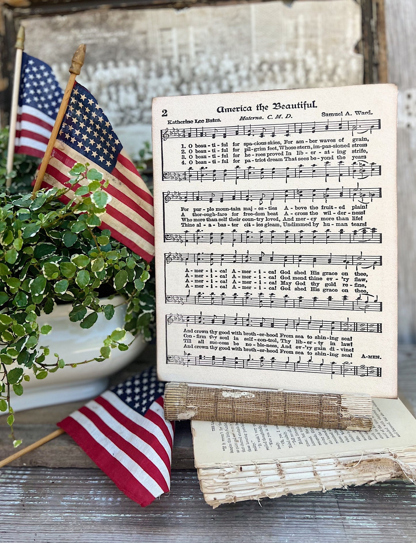 America The Beautiful Sheet Music Sign, Vintage Patriotic Decor