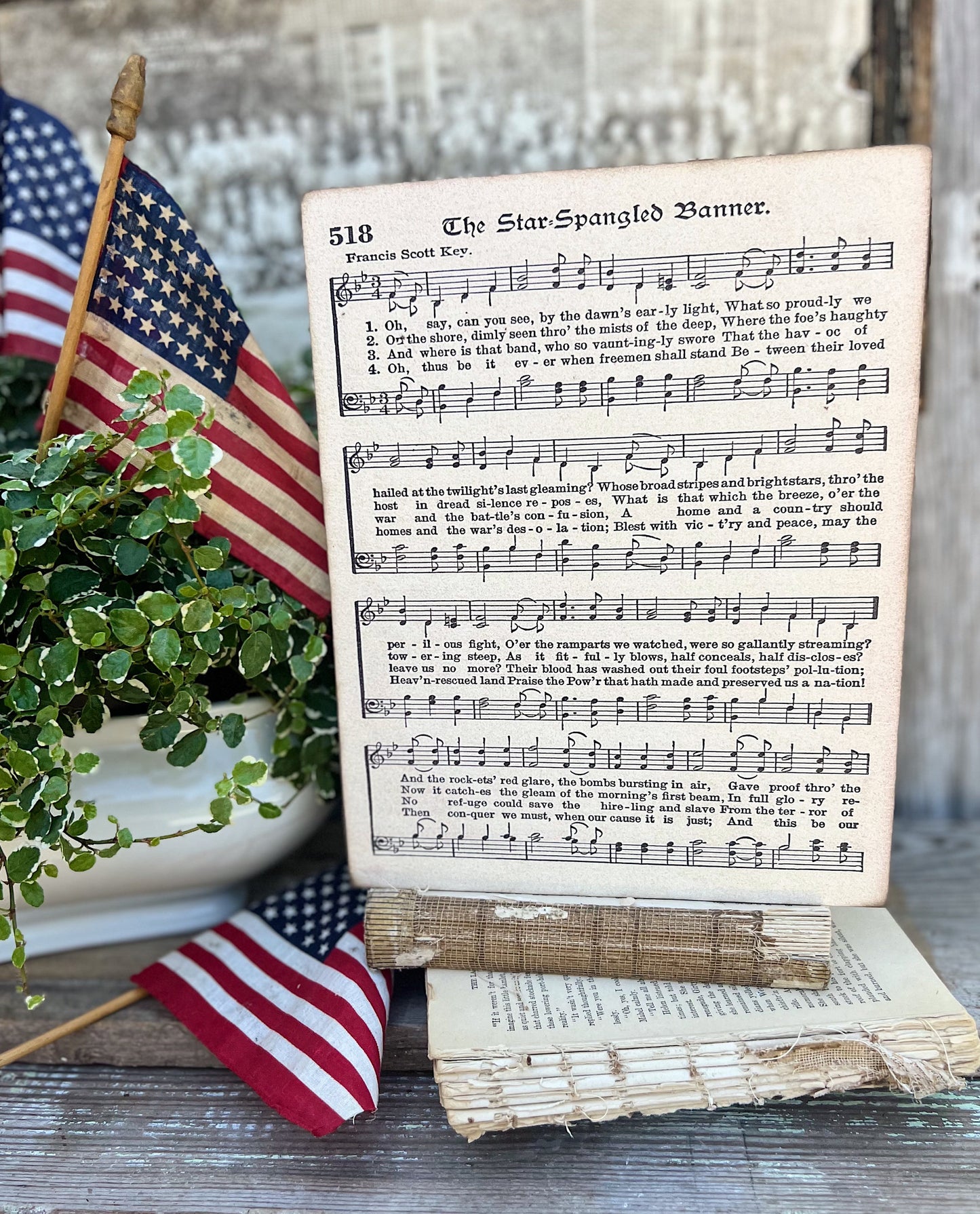 STAR SPANGLED BANNER Sheet Music Sign Americana Patriotic Decor Mounted Farmhouse Book Page Primitive Wood Sign usa Fourth July