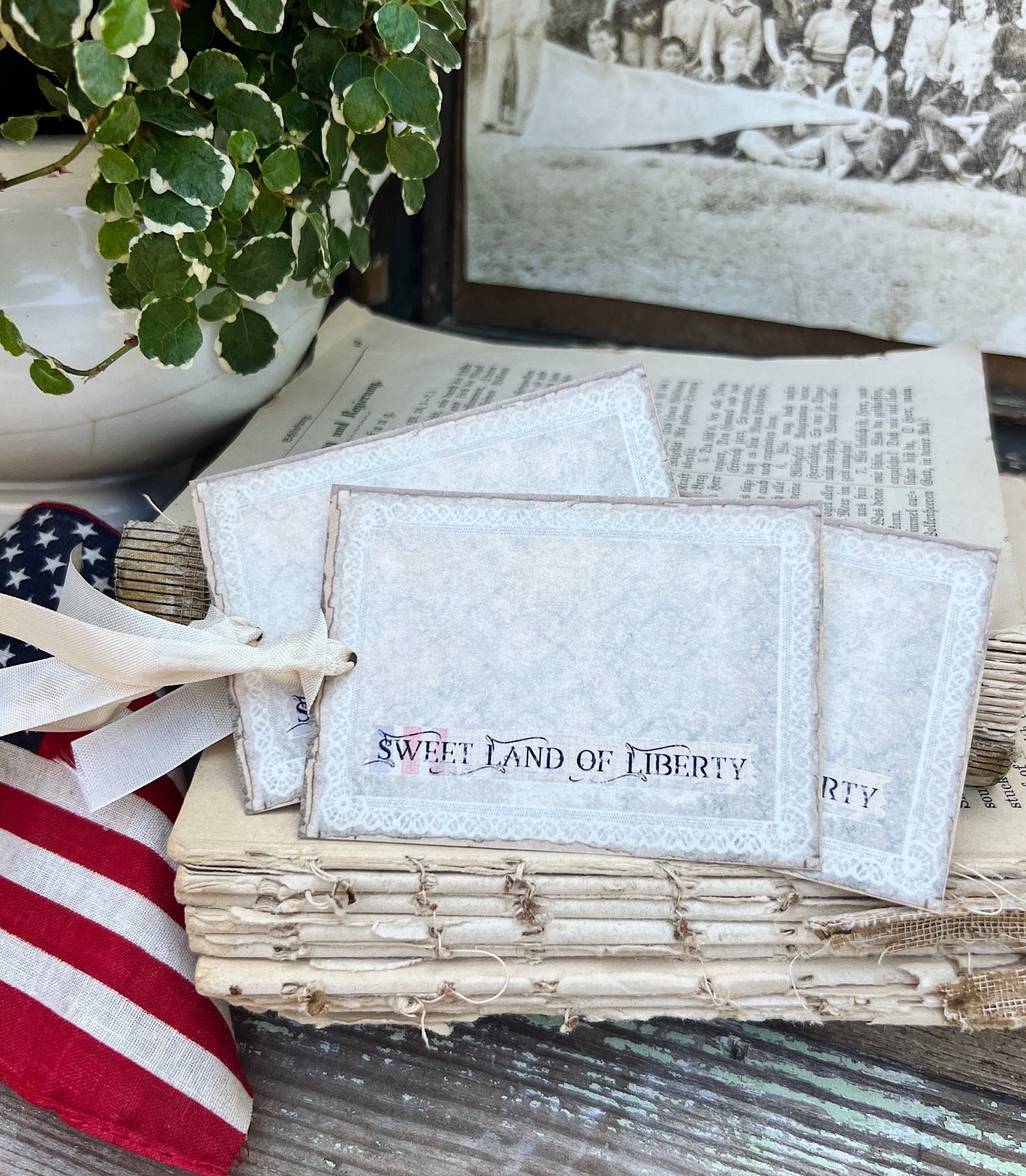 SWEET LAND LIBERTY Vintage Patriotic Gift Tags Americana Flag Fourth July Farmhouse Decor Card Set of 8 usa