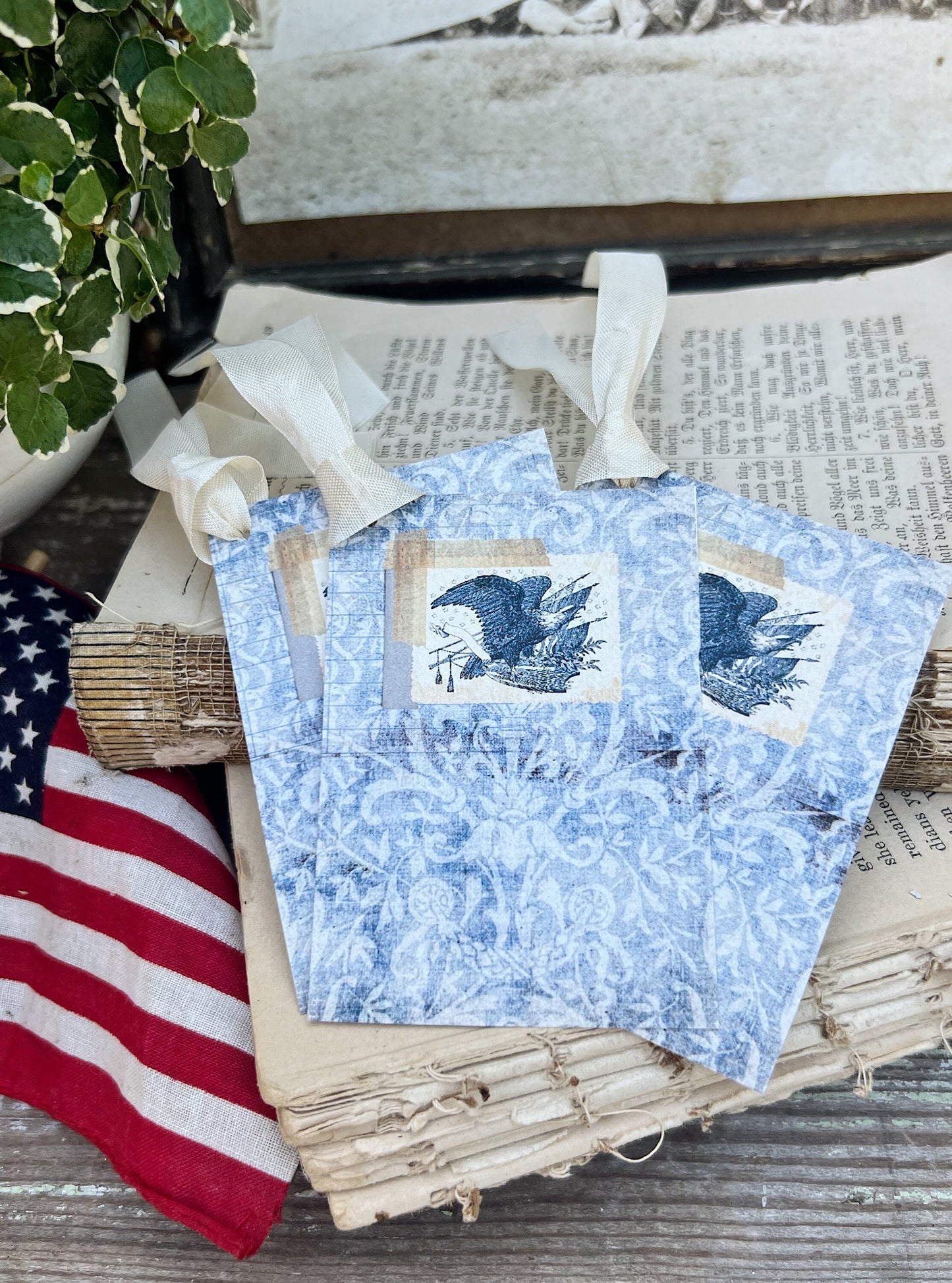 EAGLE PATRIOTIC STAMP Blue Damask Vintage Gift Tags Americana Farmhouse Decor Card Set of 8 usa Fourth July