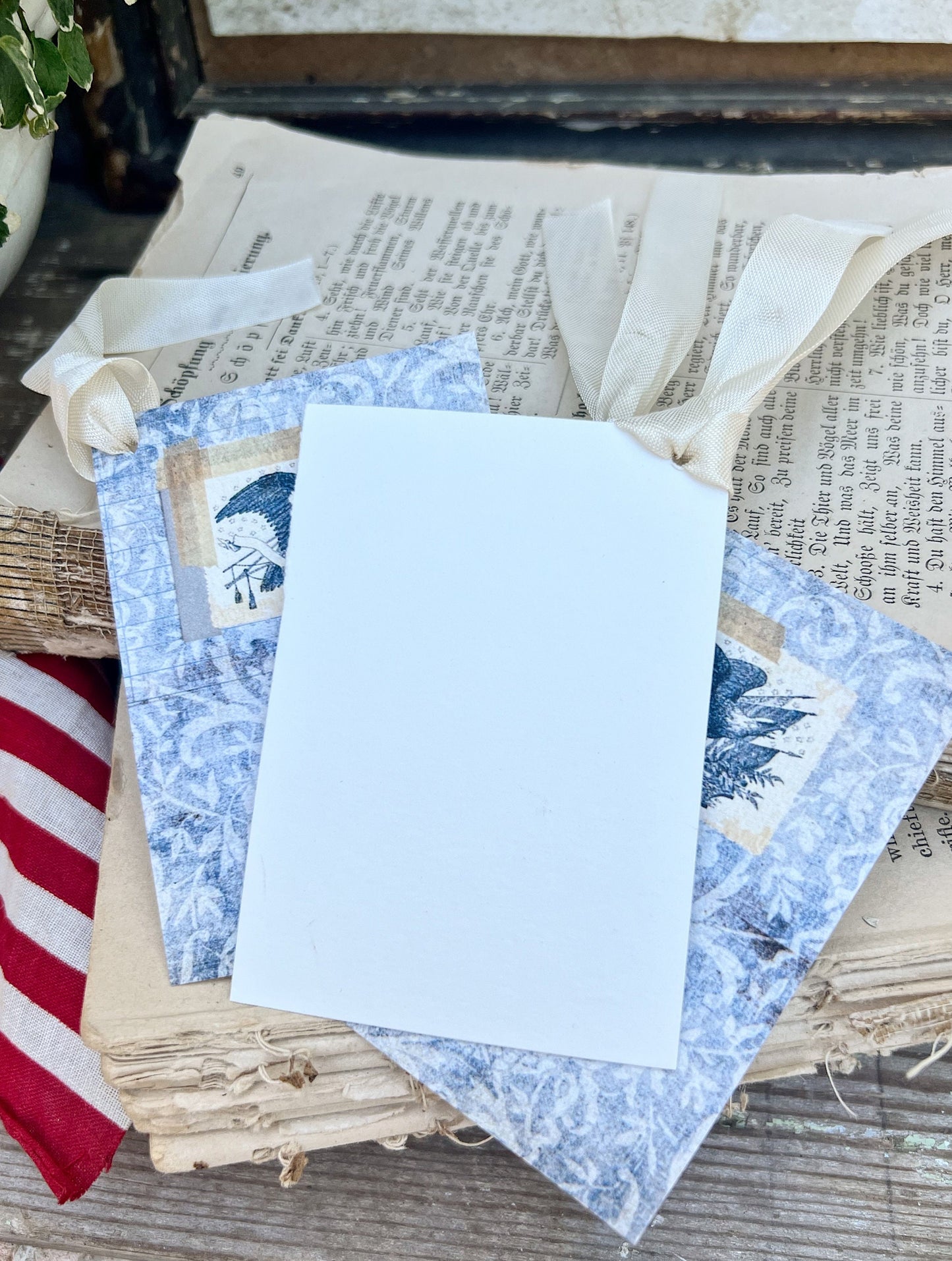 EAGLE PATRIOTIC STAMP Blue Damask Vintage Gift Tags Americana Farmhouse Decor Card Set of 8 usa Fourth July