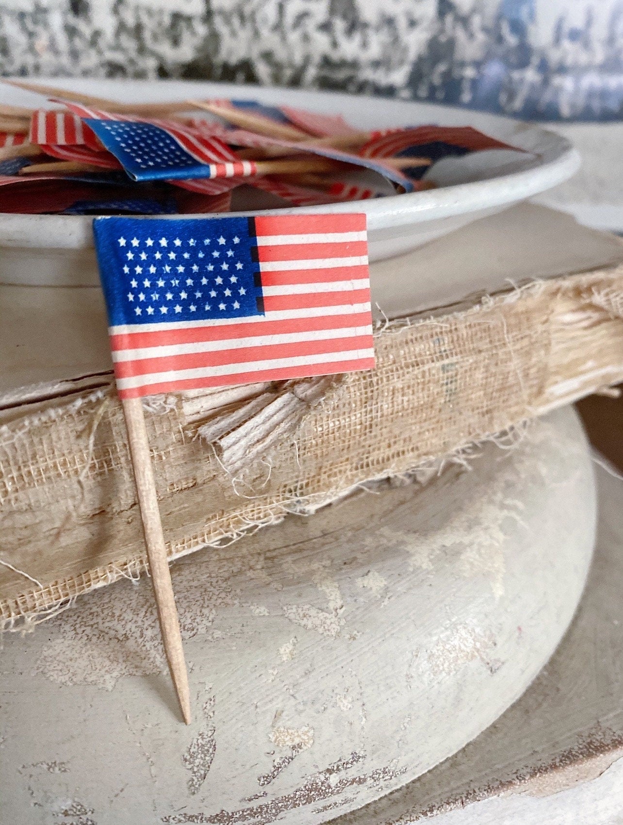 Vintage AMERICAN FLAG Toothpick Topper Paper Pick Stars Stripes Banner Shabby Farmhouse Decor Favor Americana USA Set of Ten Fourth July