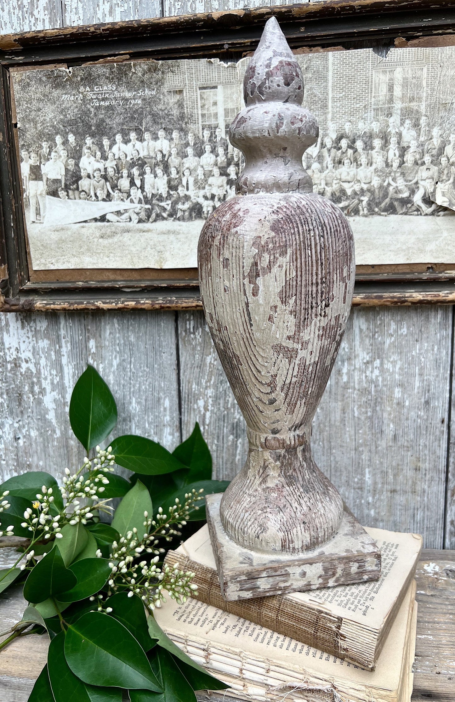 Antique Newell Post Cap LARGE Chippy White Carved Wood Ball End Architectural Salvage