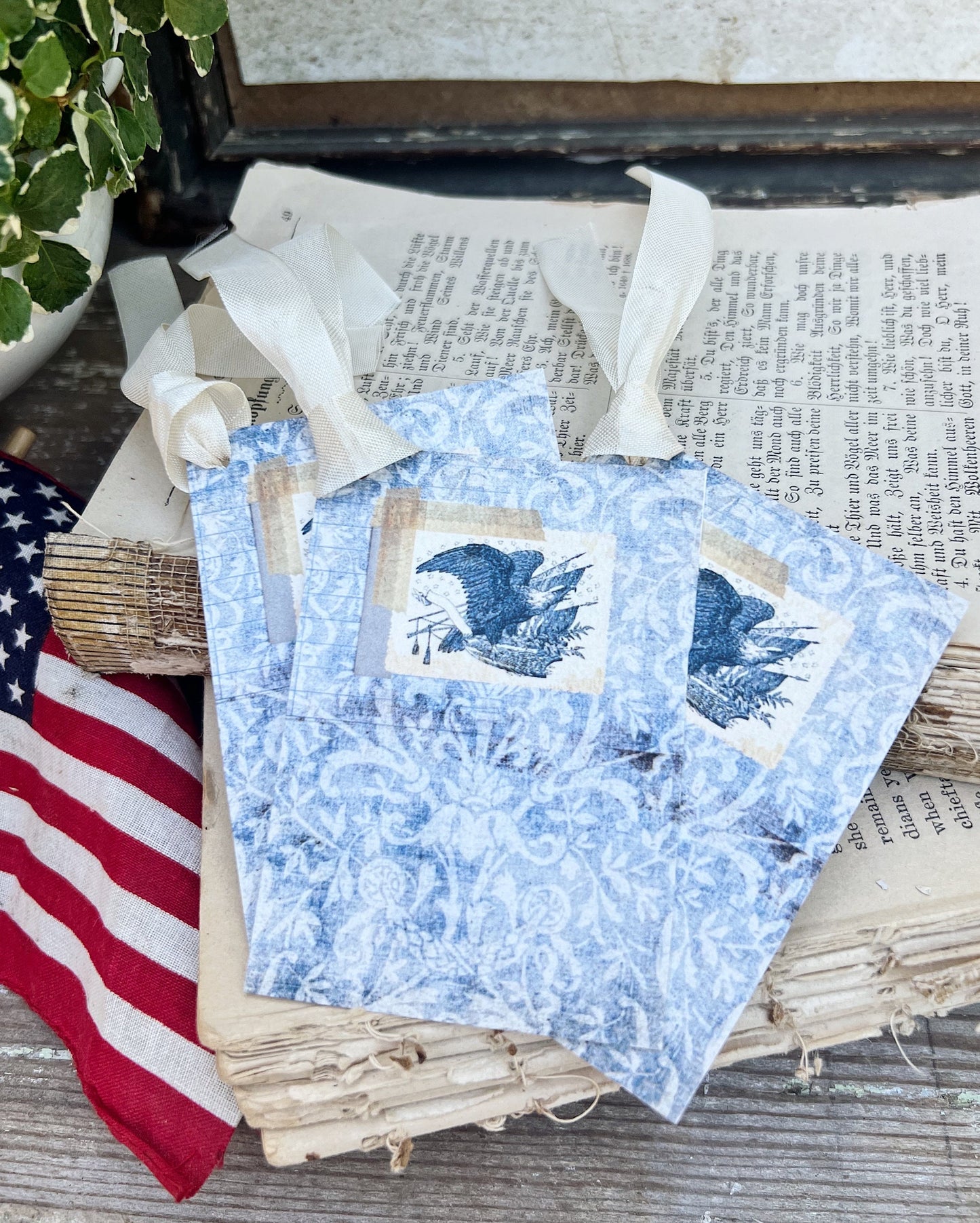 EAGLE PATRIOTIC STAMP Blue Damask Vintage Gift Tags Americana Farmhouse Decor Card Set of 8 usa Fourth July