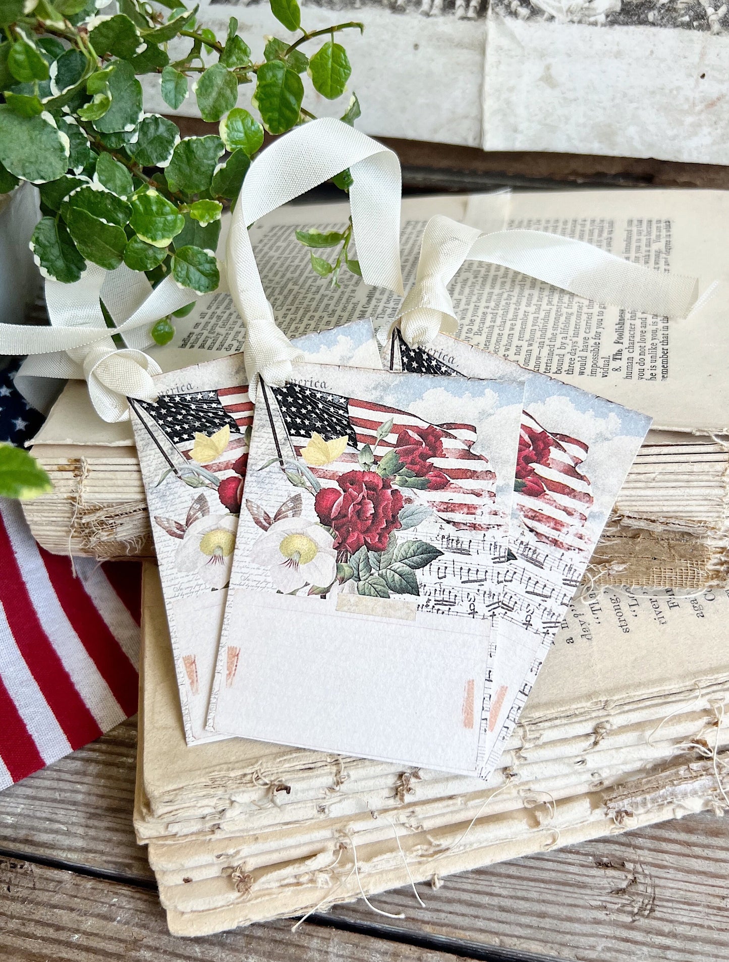 AMERICAN FLAG Vintage Gift Tags Americana Fourth July Farmhouse Decor Card Set of 8 USA Flowers