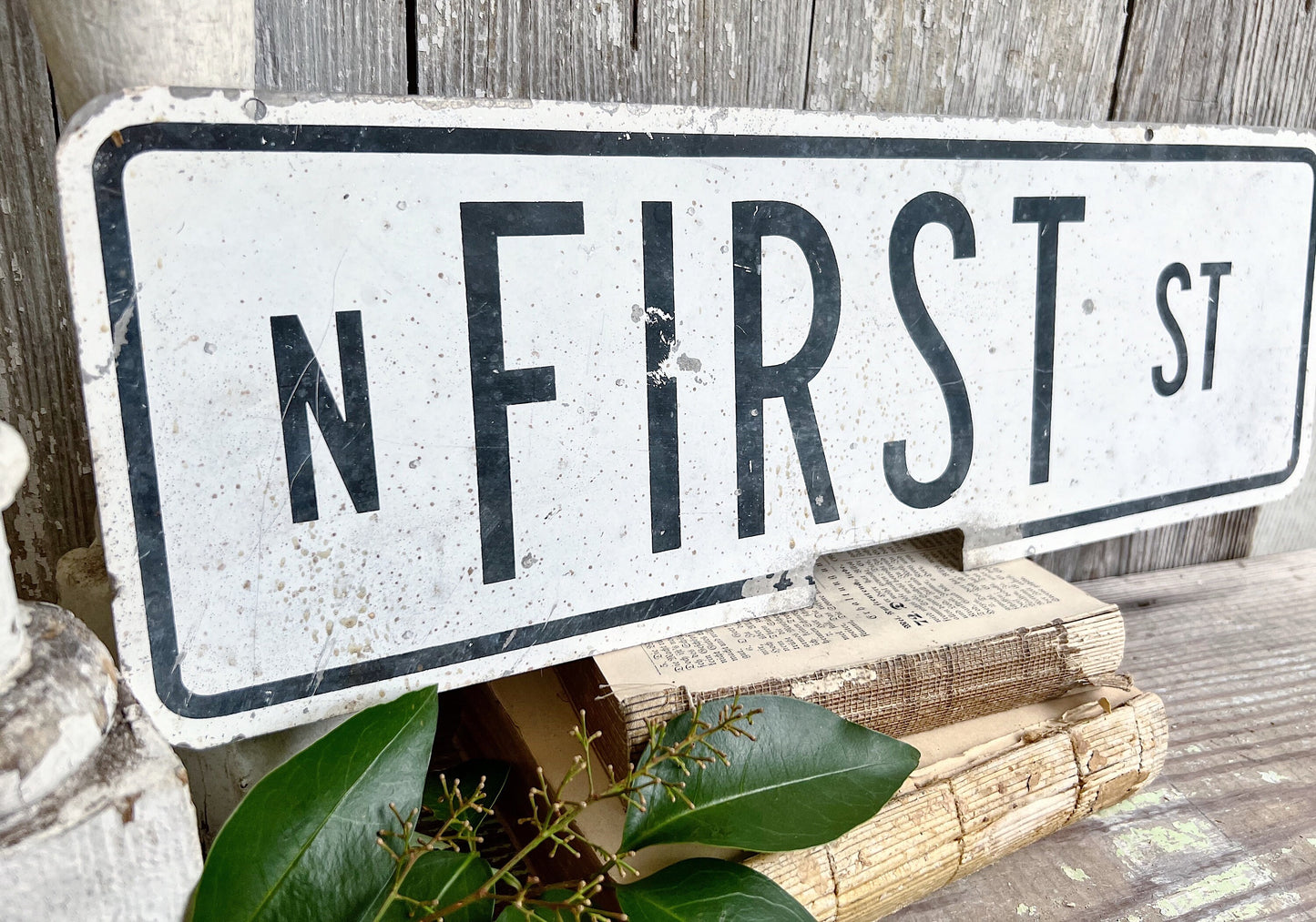 Authentic Vintage Metal STREET SIGN Original Painted White Black Farmhouse Antique Industrial Salvage Decor FIRST St