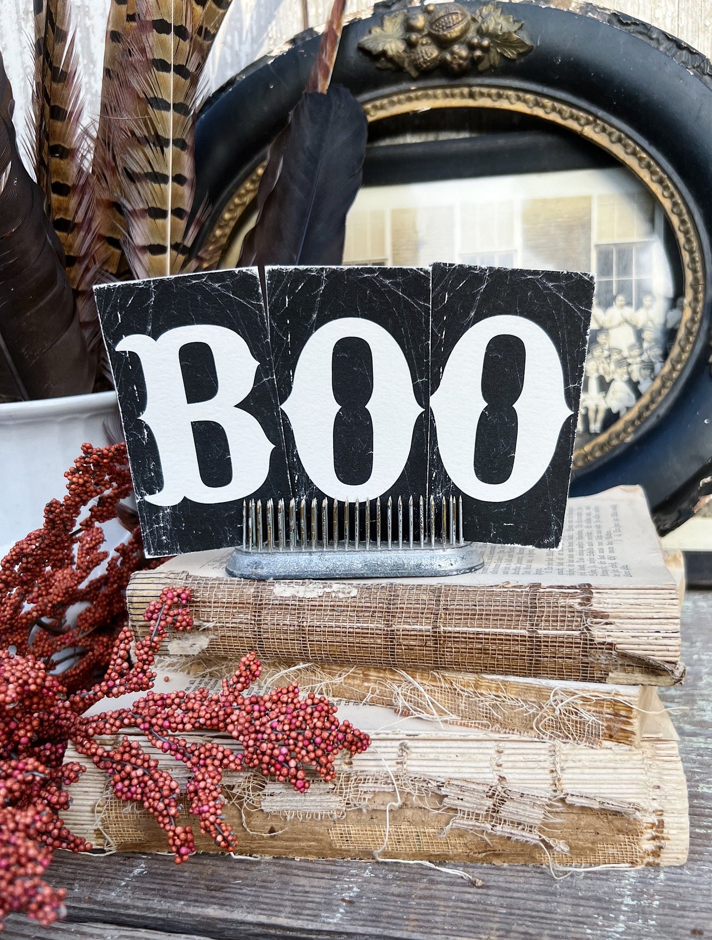 HALLOWEEN Letters BOO BLACK Card Sign Set Farmhouse Decor Cardstock Vintage Style Church Gothic