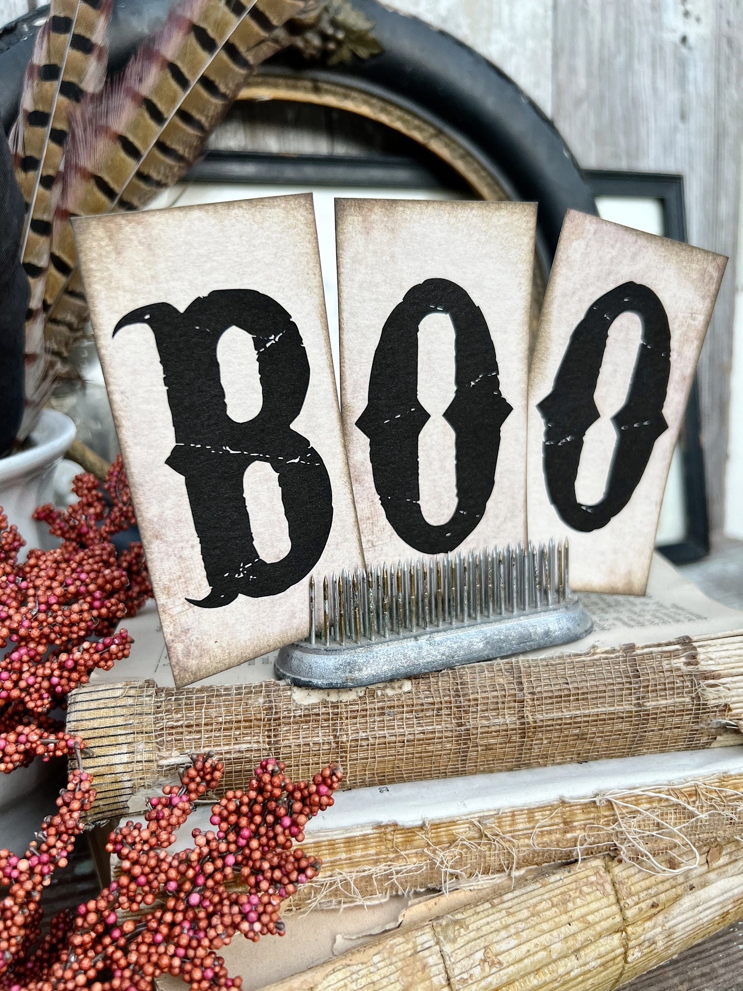 HALLOWEEN Letters BOO BLACK Card Sign Set Farmhouse Decor Cardstock Vintage Style Church Gothic