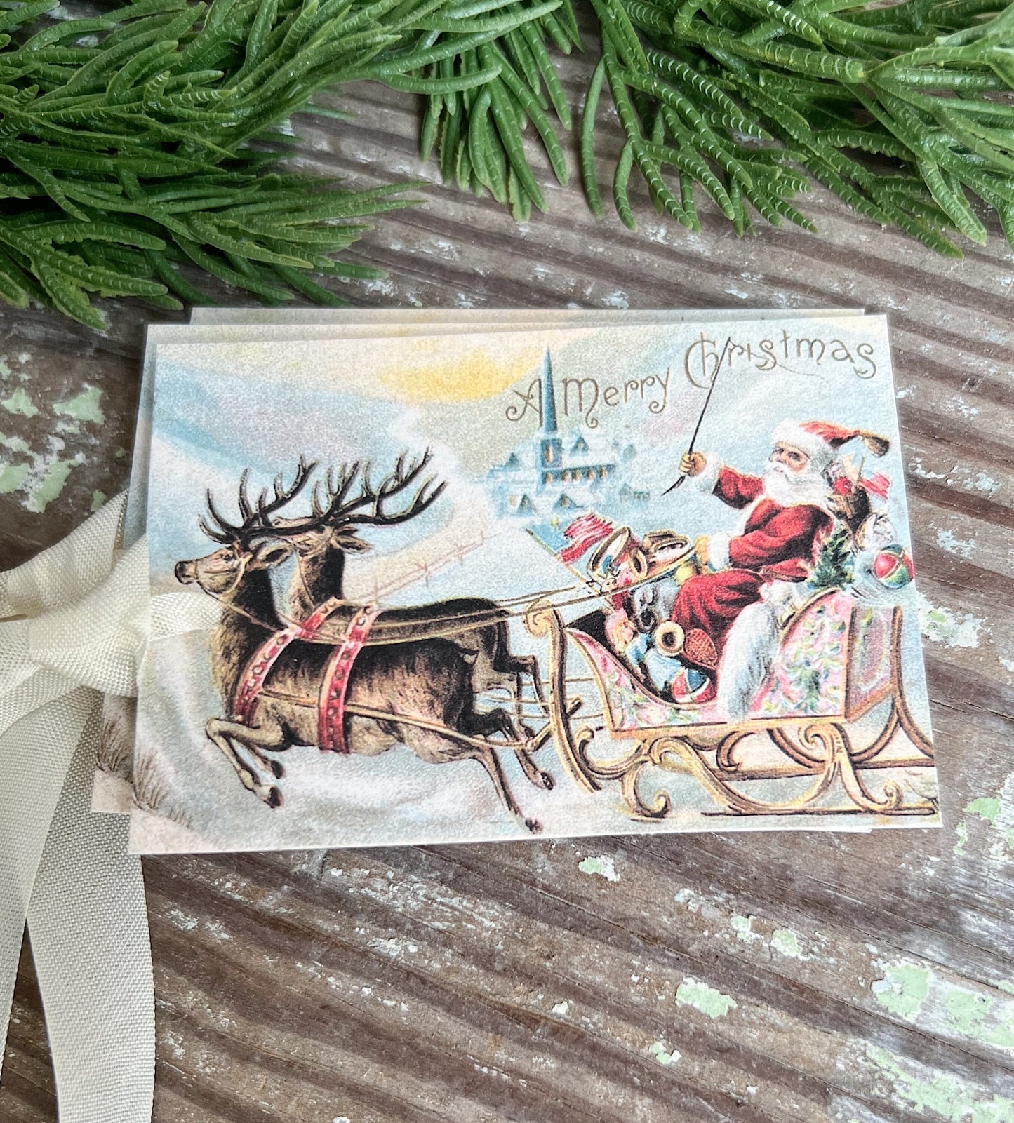 MERRY CHRISTMAS SANTA Sleigh Christmas Gift Tags Vintage Farmhouse Decor Card French Shabby Gift Wrap