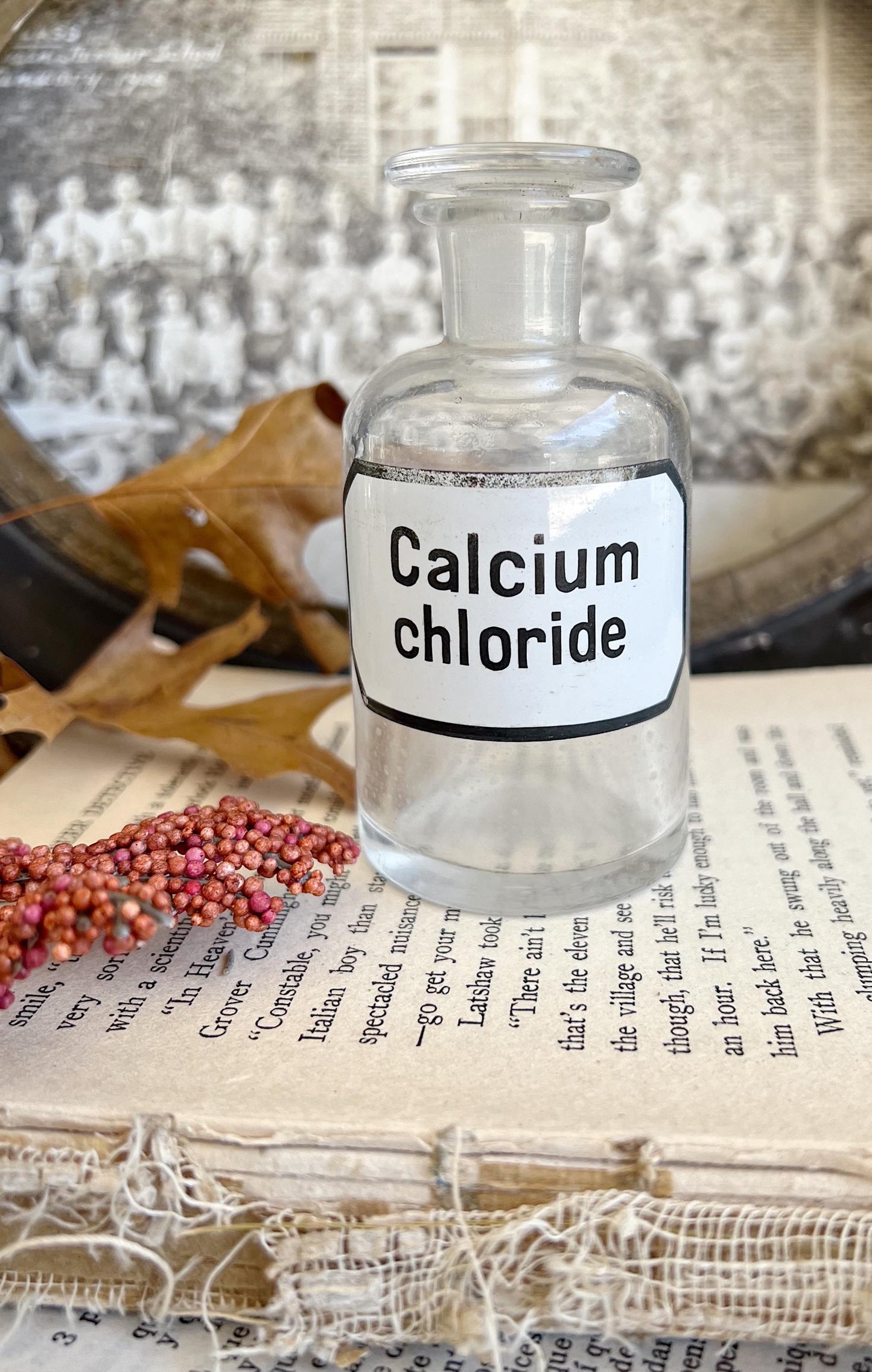 Antique Glass Apothecary Bottle CALCIUM CHLORIDE with Label Pharmacy Farmhouse Industrial Decor Industrial Medical Salvage