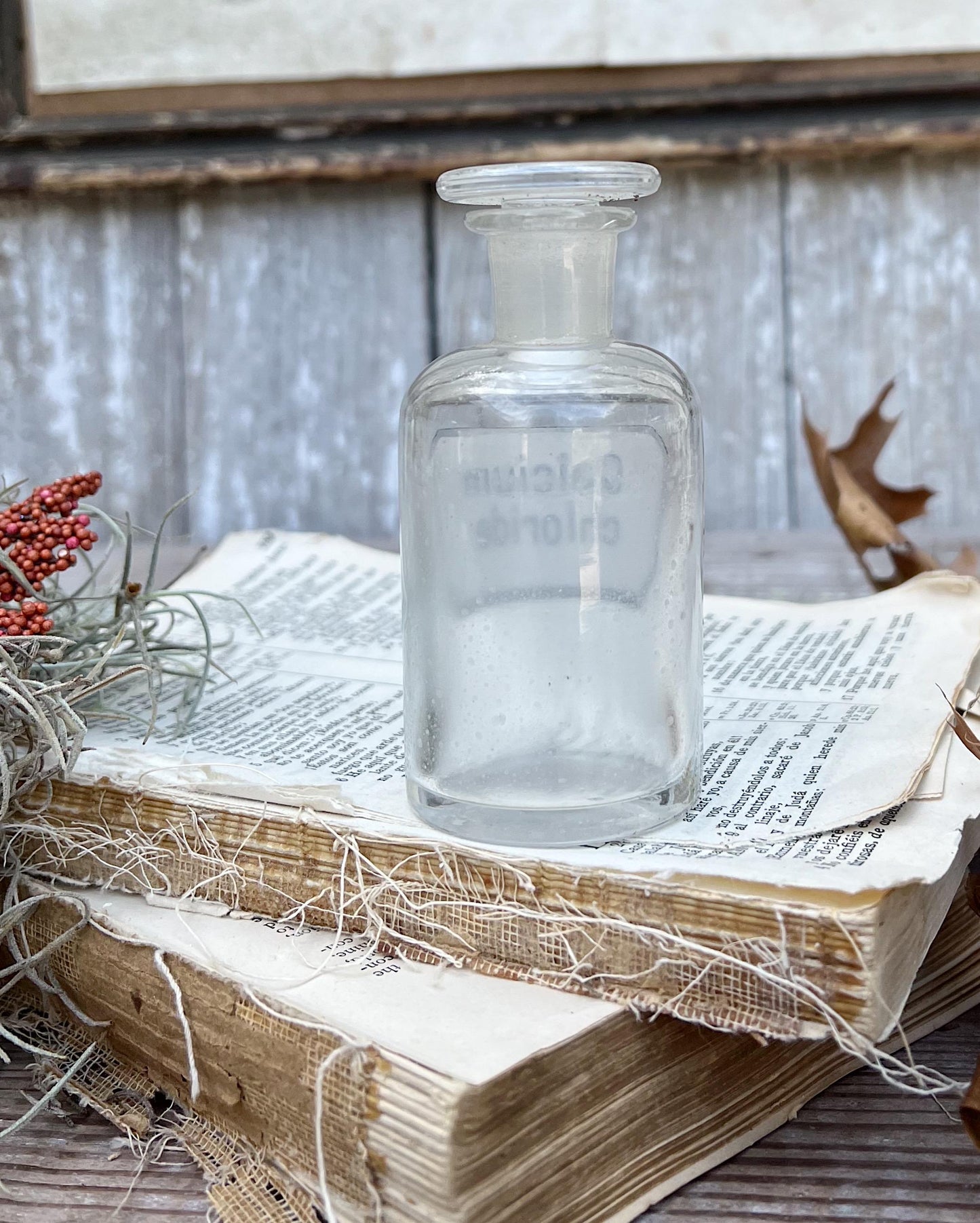 Antique Glass Apothecary Bottle CALCIUM CHLORIDE with Label Pharmacy Farmhouse Industrial Decor Industrial Medical Salvage