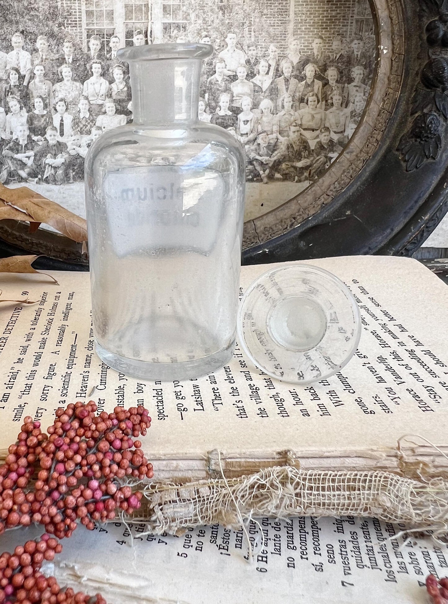 Antique Glass Apothecary Bottle CALCIUM CHLORIDE with Label Pharmacy Farmhouse Industrial Decor Industrial Medical Salvage