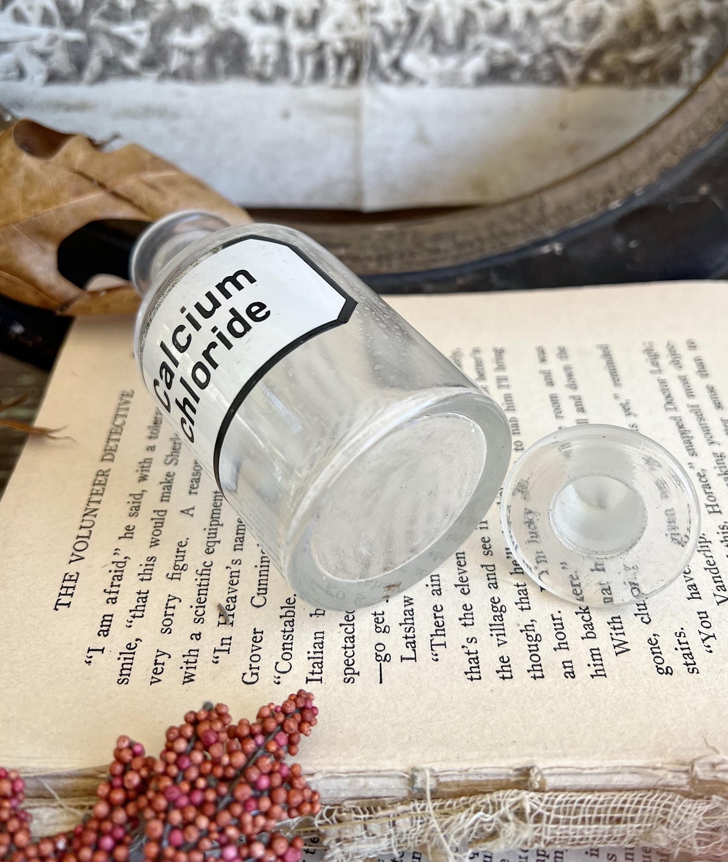 Antique Glass Apothecary Bottle CALCIUM CHLORIDE with Label Pharmacy Farmhouse Industrial Decor Industrial Medical Salvage