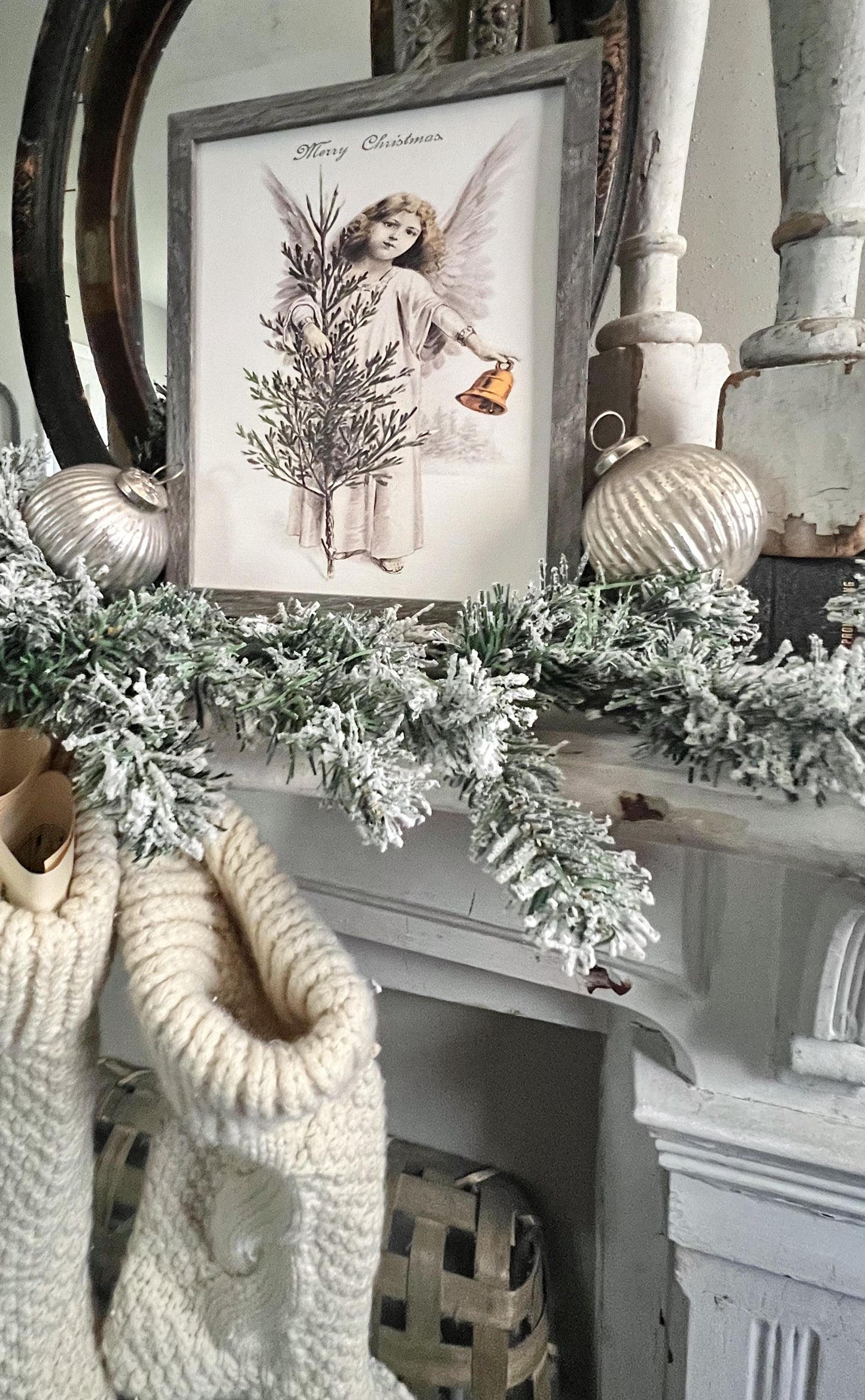 Merry Christmas ANGEL Wood Sign FRAMED Vintage Christmas Farmhouse Wall Art Print Primitive