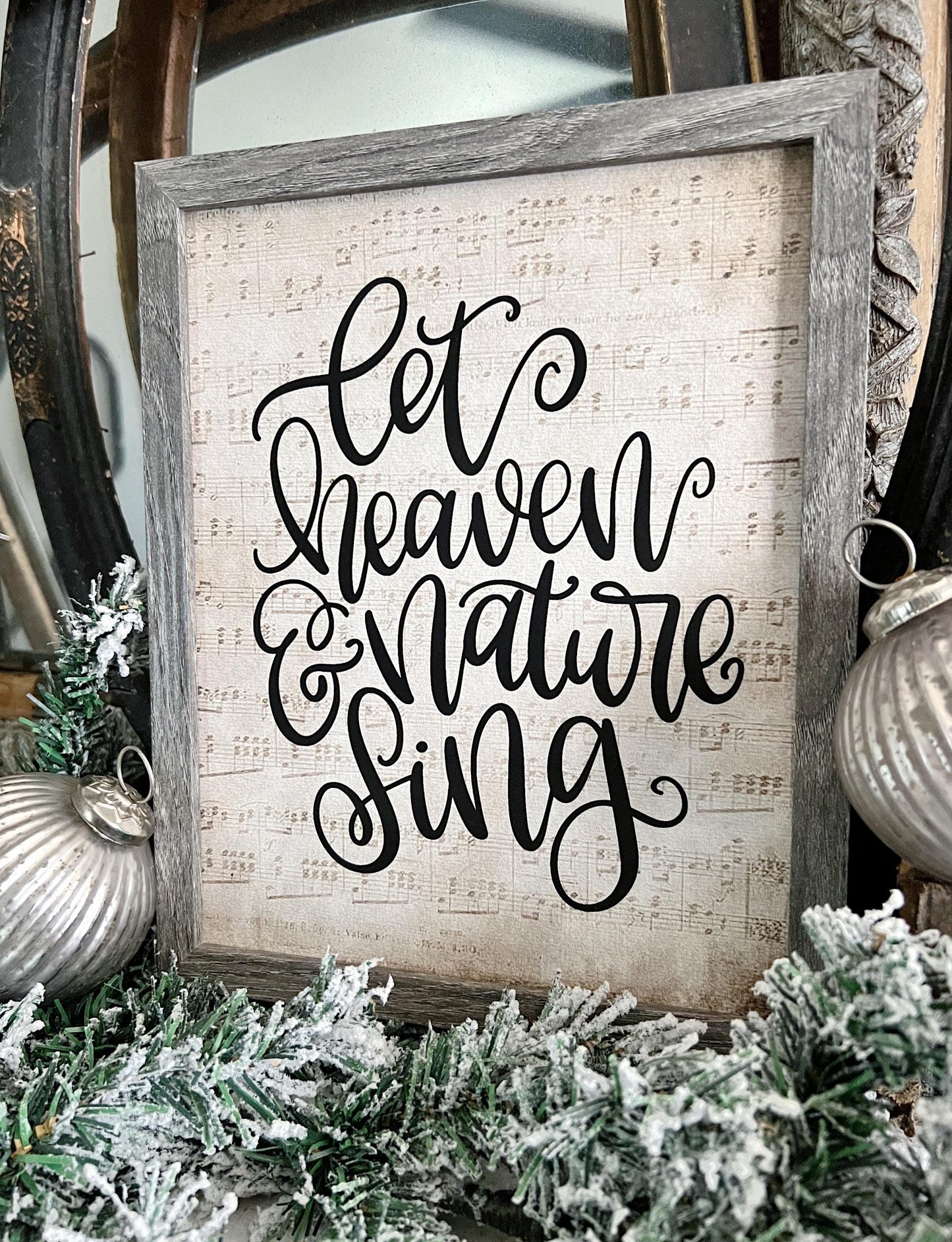 Let Heaven And Nature Sing Wood Sign FRAMED Vintage Christmas Farmhouse Wall Art Print Sheet Music Book Page