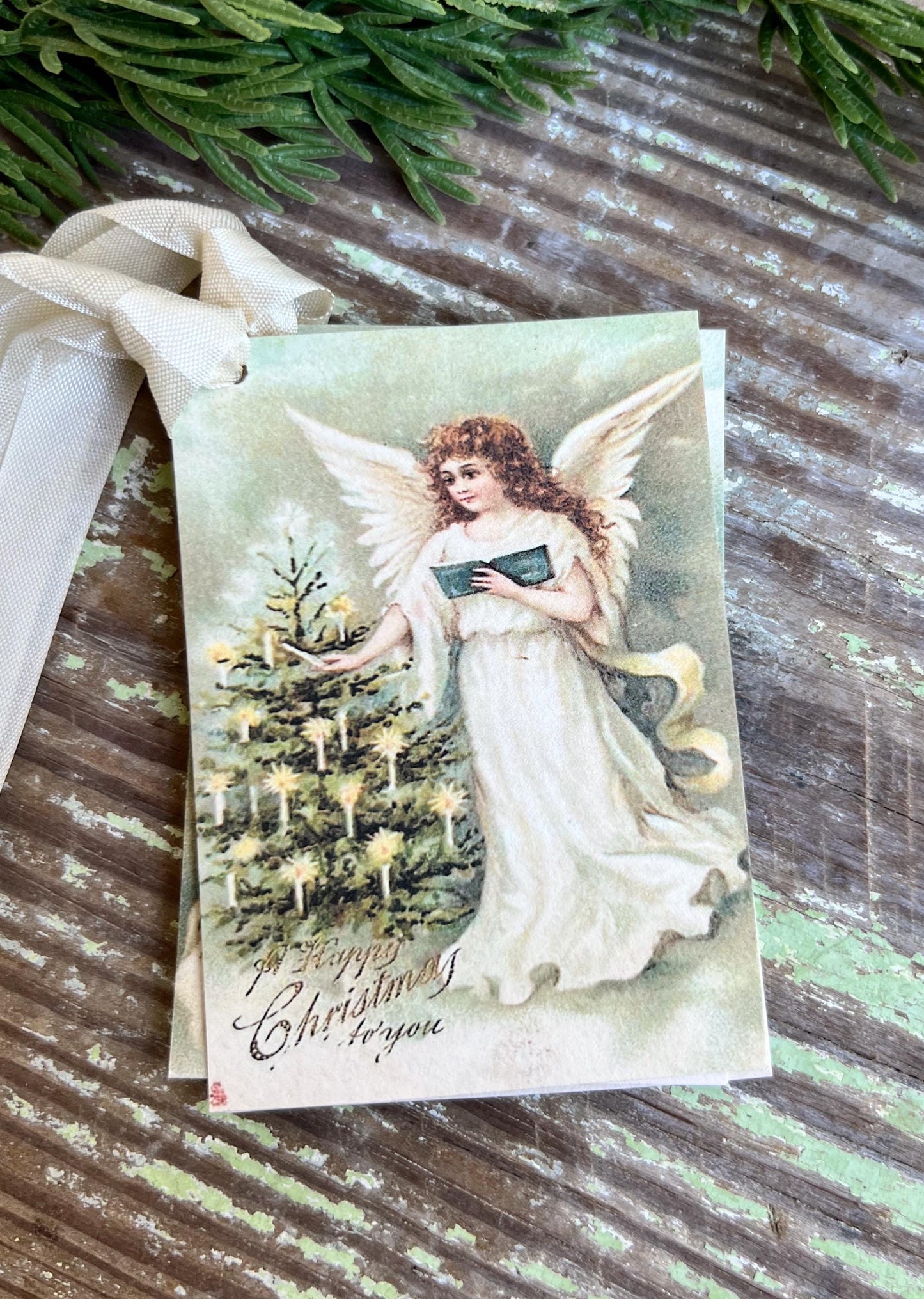 ANGEL Candle Tree Happy Christmas Gift Tags Vintage Farmhouse Decor Card French Shabby Gift Wrap Christmas Tree Ornament
