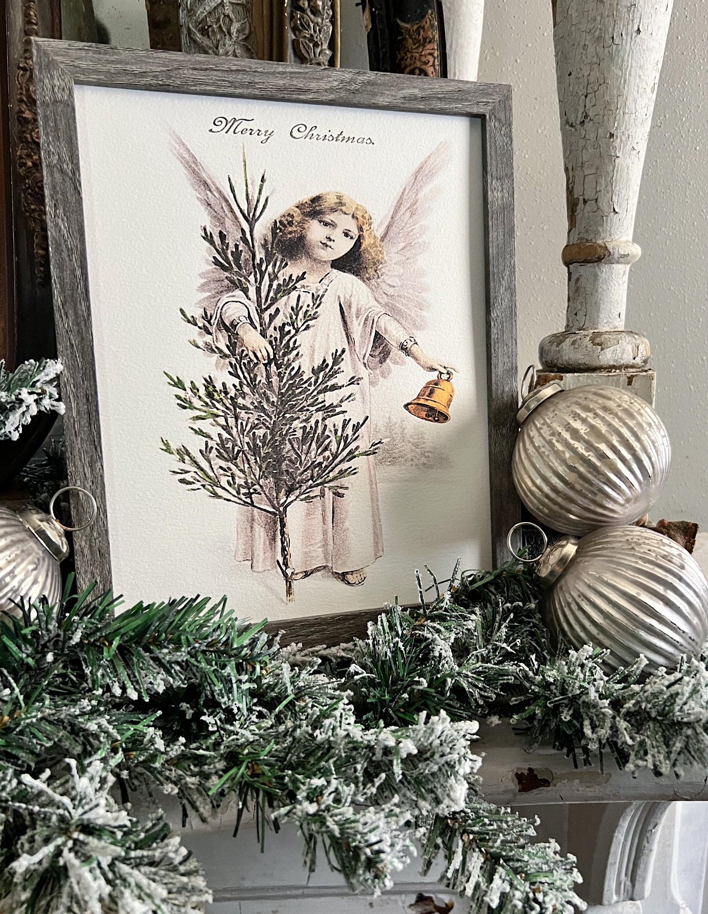 Merry Christmas ANGEL Wood Sign FRAMED Vintage Christmas Farmhouse Wall Art Print Primitive