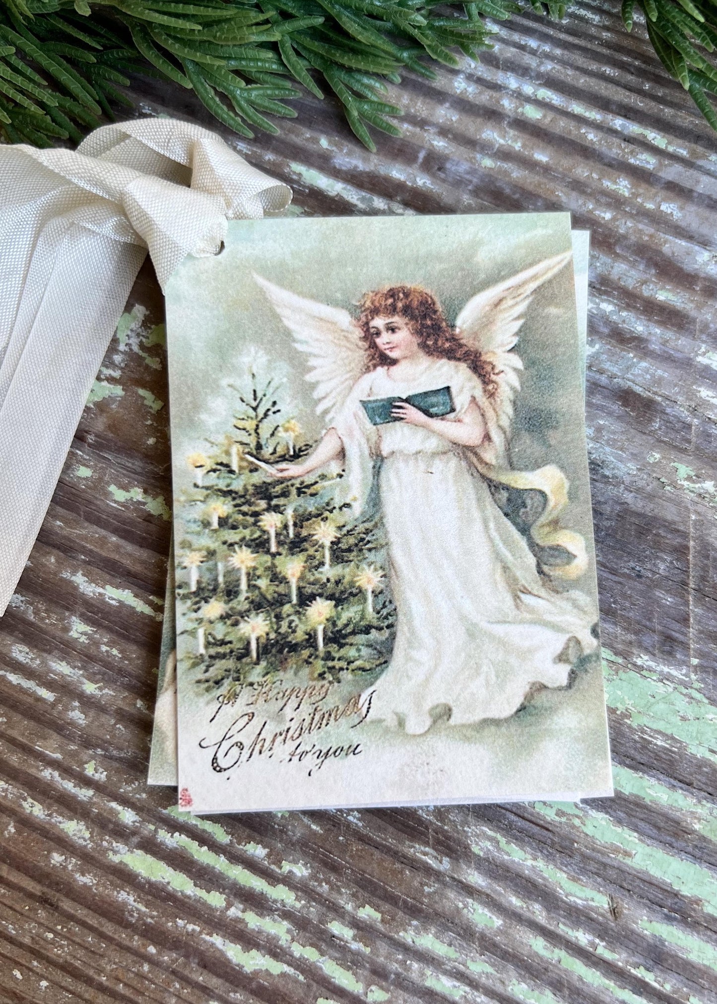 ANGEL Candle Tree Happy Christmas Gift Tags Vintage Farmhouse Decor Card French Shabby Gift Wrap Christmas Tree Ornament