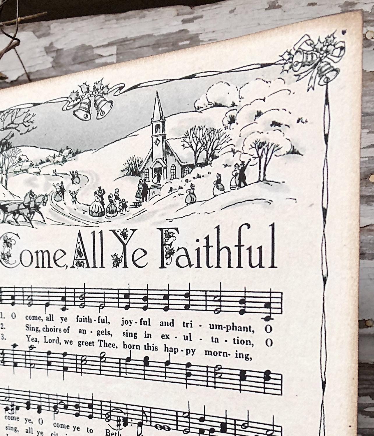 Oh Come All Ye Faithful Sign Wood Vintage Sheet Music Carol Christmas Decor Poster Farmhouse Decor Book Page Wall Art Let Us Adore Him