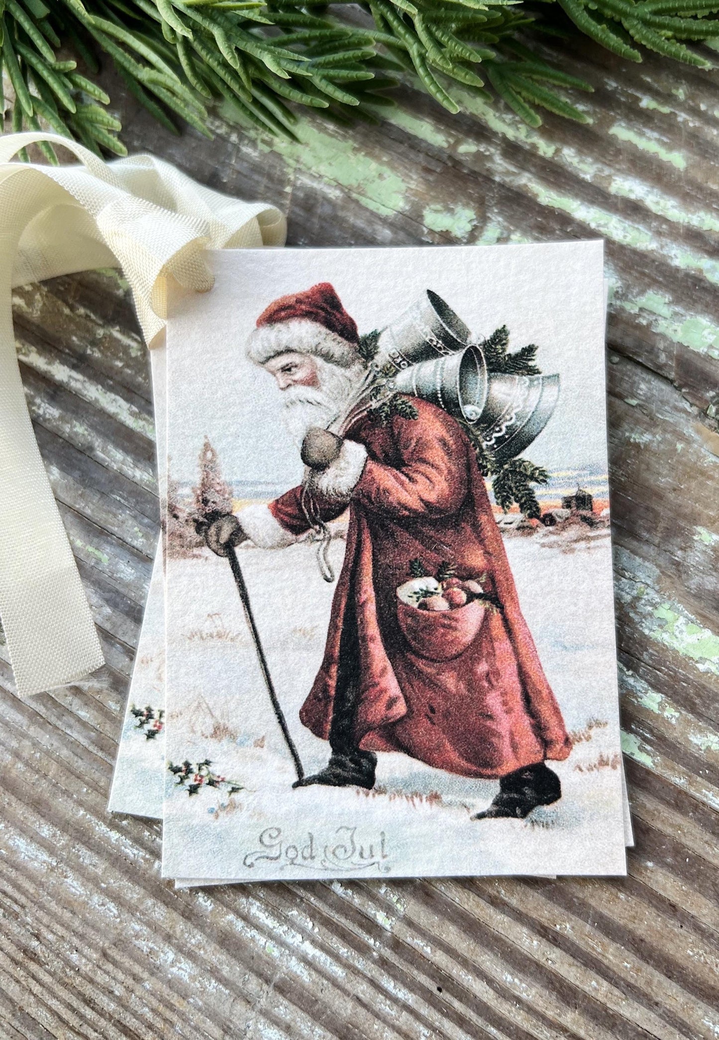 GOD JUL SANTA Gift Tags Vintage Farmhouse Decor Card French Shabby Gift Wrap Christmas Tree Ornament