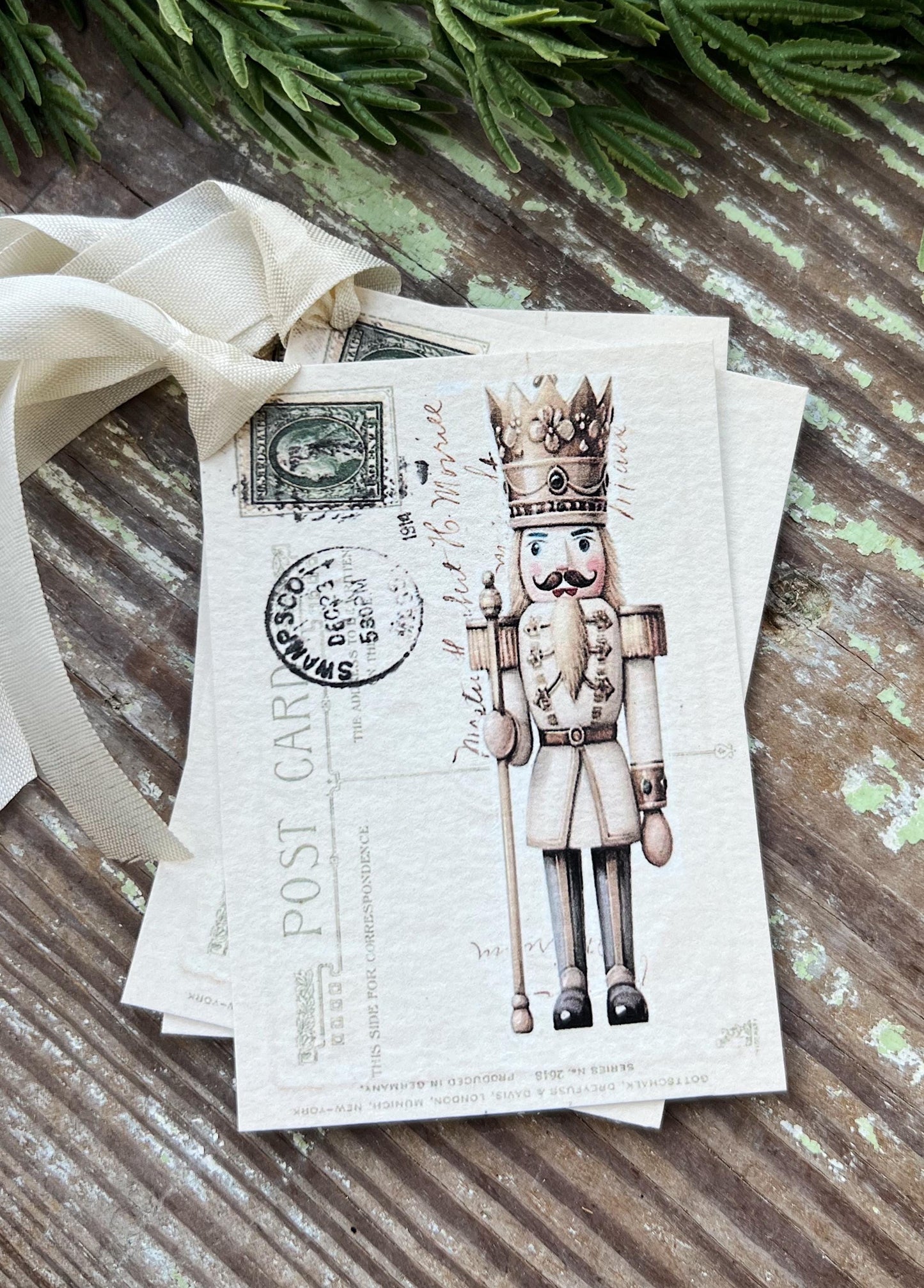 NUTCRACKER POST CARD Green Christmas Vintage Gift Tags Farmhouse Christmas Decor Card French Shabby Gift Wrap