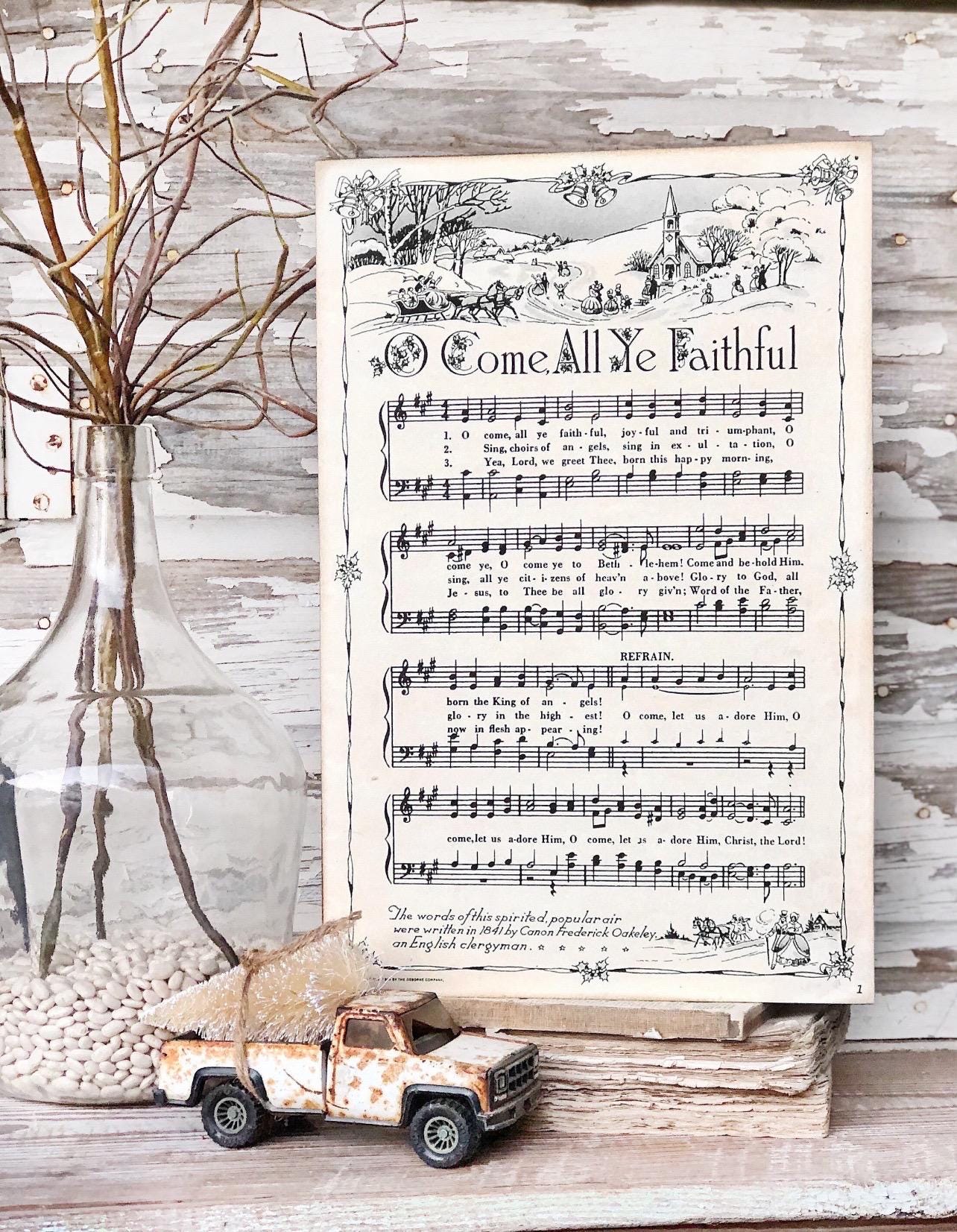 Oh Come All Ye Faithful Sign Wood Vintage Sheet Music Carol Christmas Decor Poster Farmhouse Decor Book Page Wall Art Let Us Adore Him
