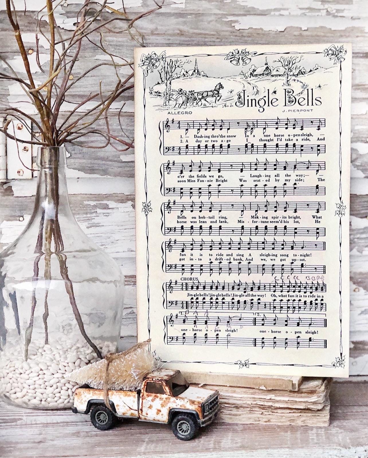 JINGLE BELLS Sign Wood Vintage Sheet Music Carol Christmas Decor Poster Farmhouse Decor Book Page Wall Art