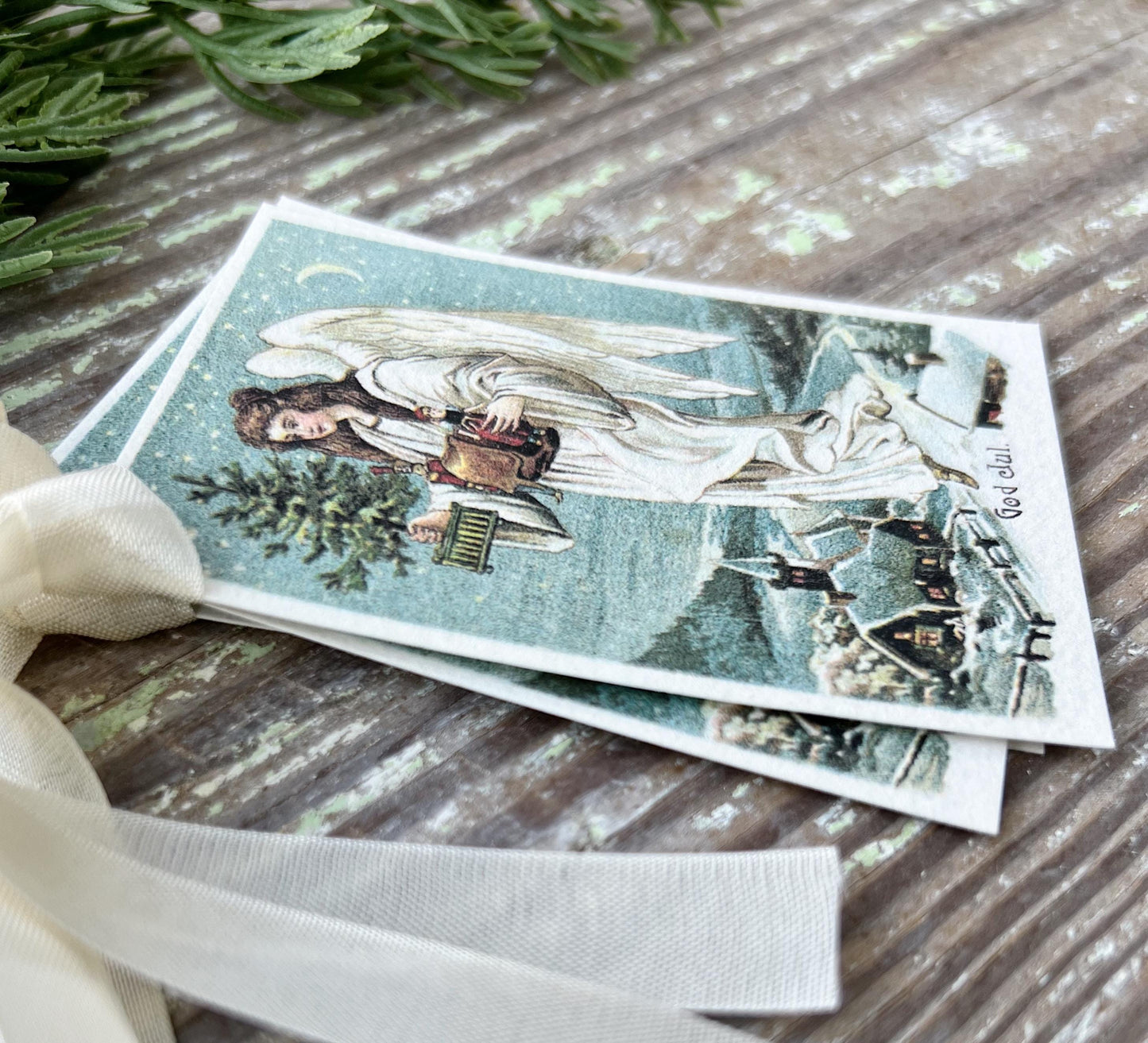 GOD JUL ANGEL Gift Tags Vintage Farmhouse Decor Card French Shabby Gift Wrap Christmas Tree Ornament