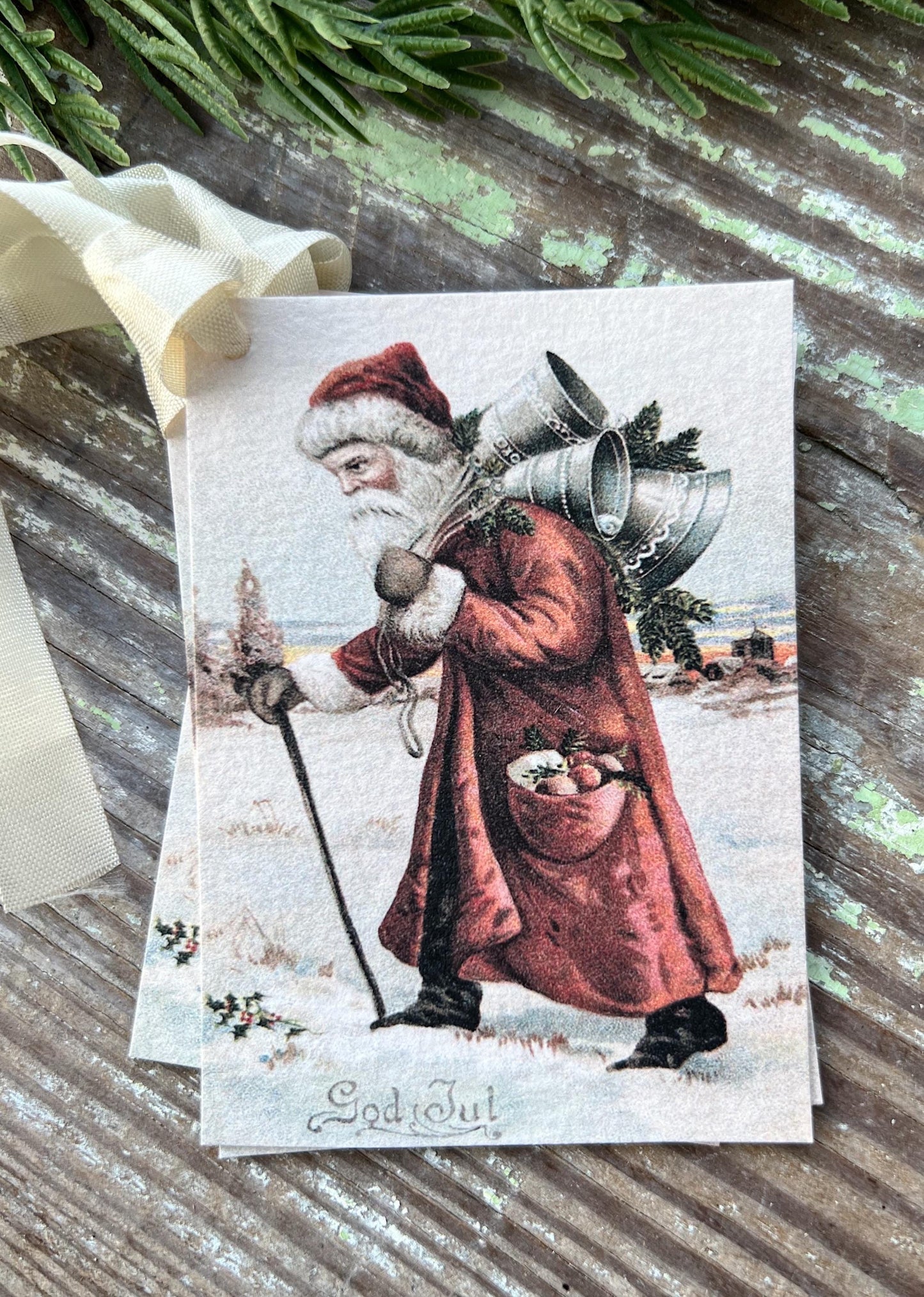 GOD JUL SANTA Gift Tags Vintage Farmhouse Decor Card French Shabby Gift Wrap Christmas Tree Ornament