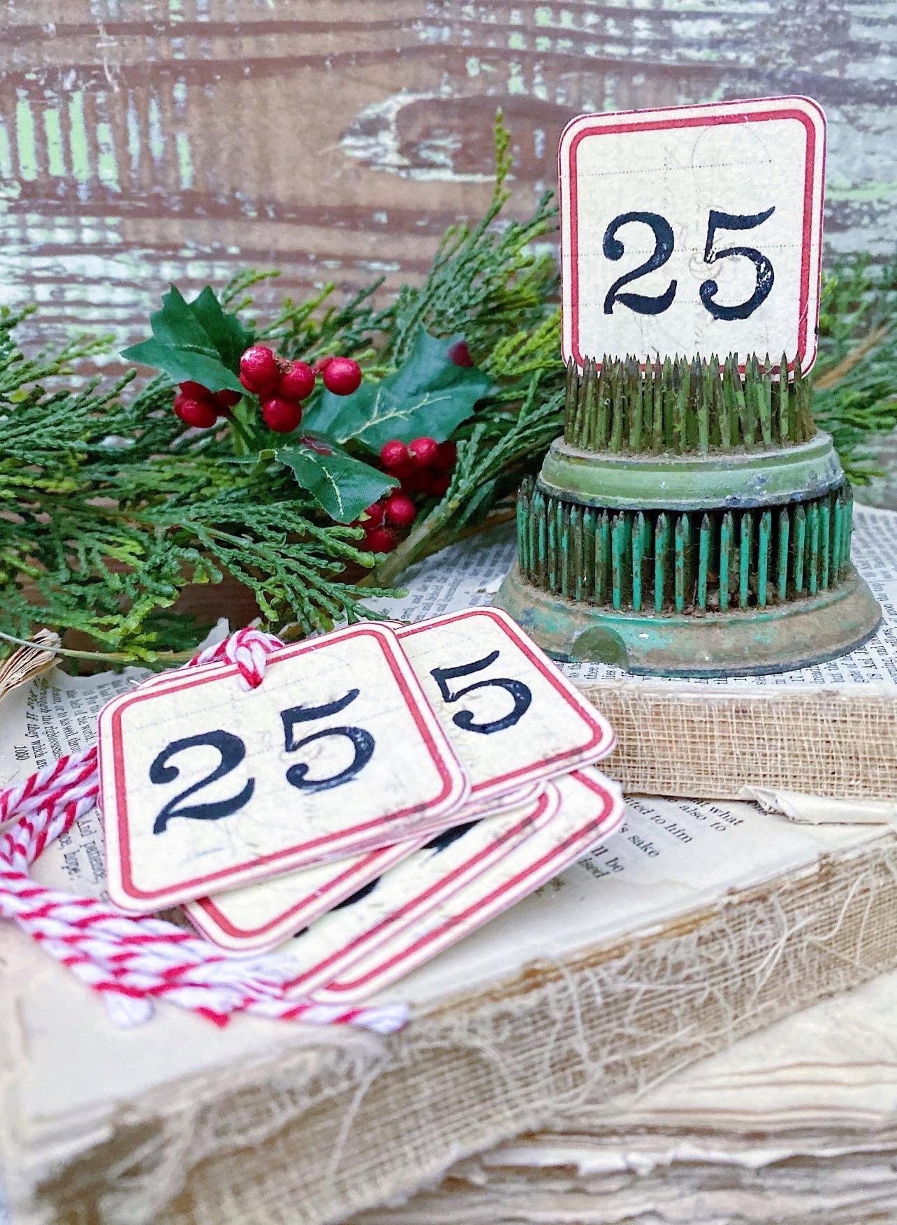 CHRISTMAS Label Gift Tags Vintage RED Primitive Card Farmhouse Decor Number 25