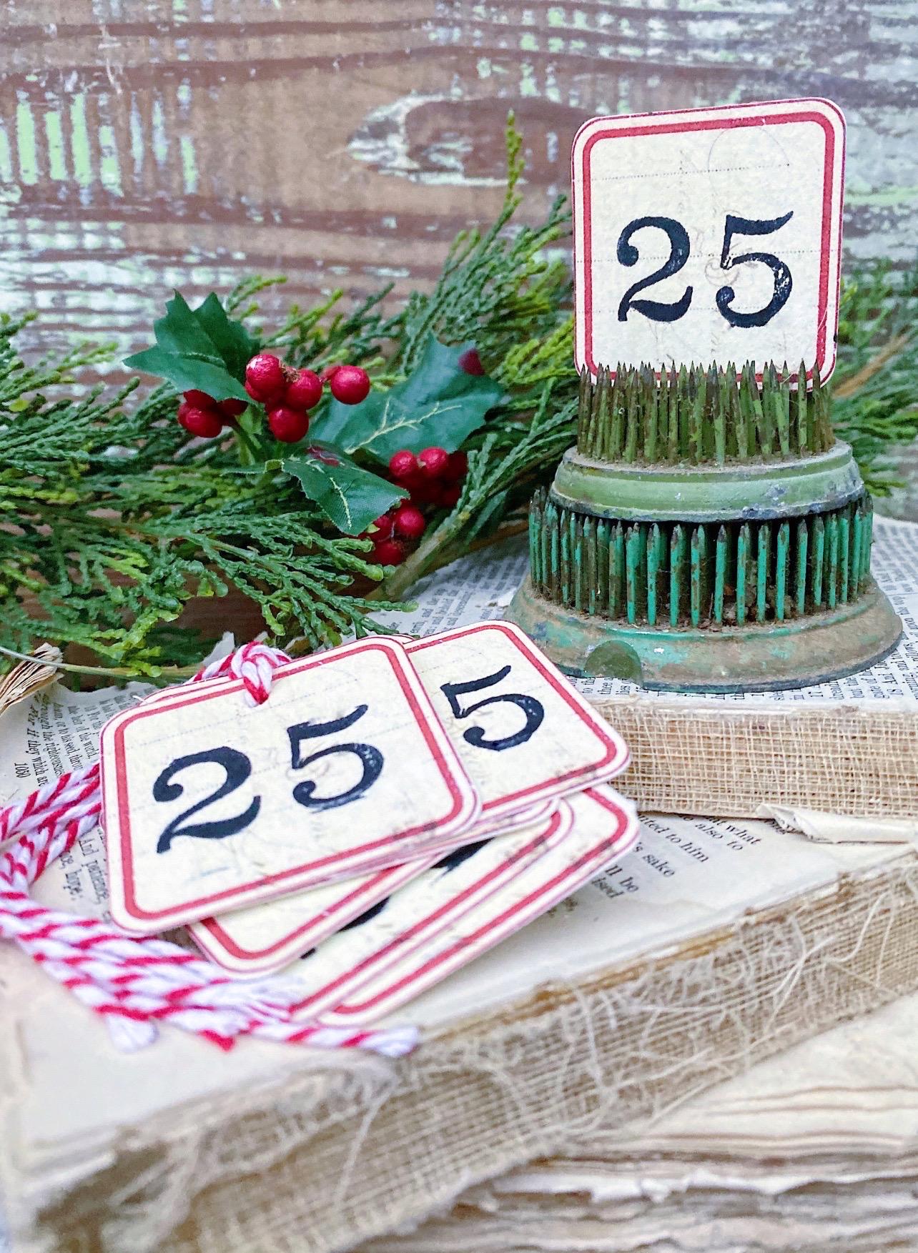 CHRISTMAS Label Gift Tags Vintage RED Primitive Card Farmhouse Decor Number 25