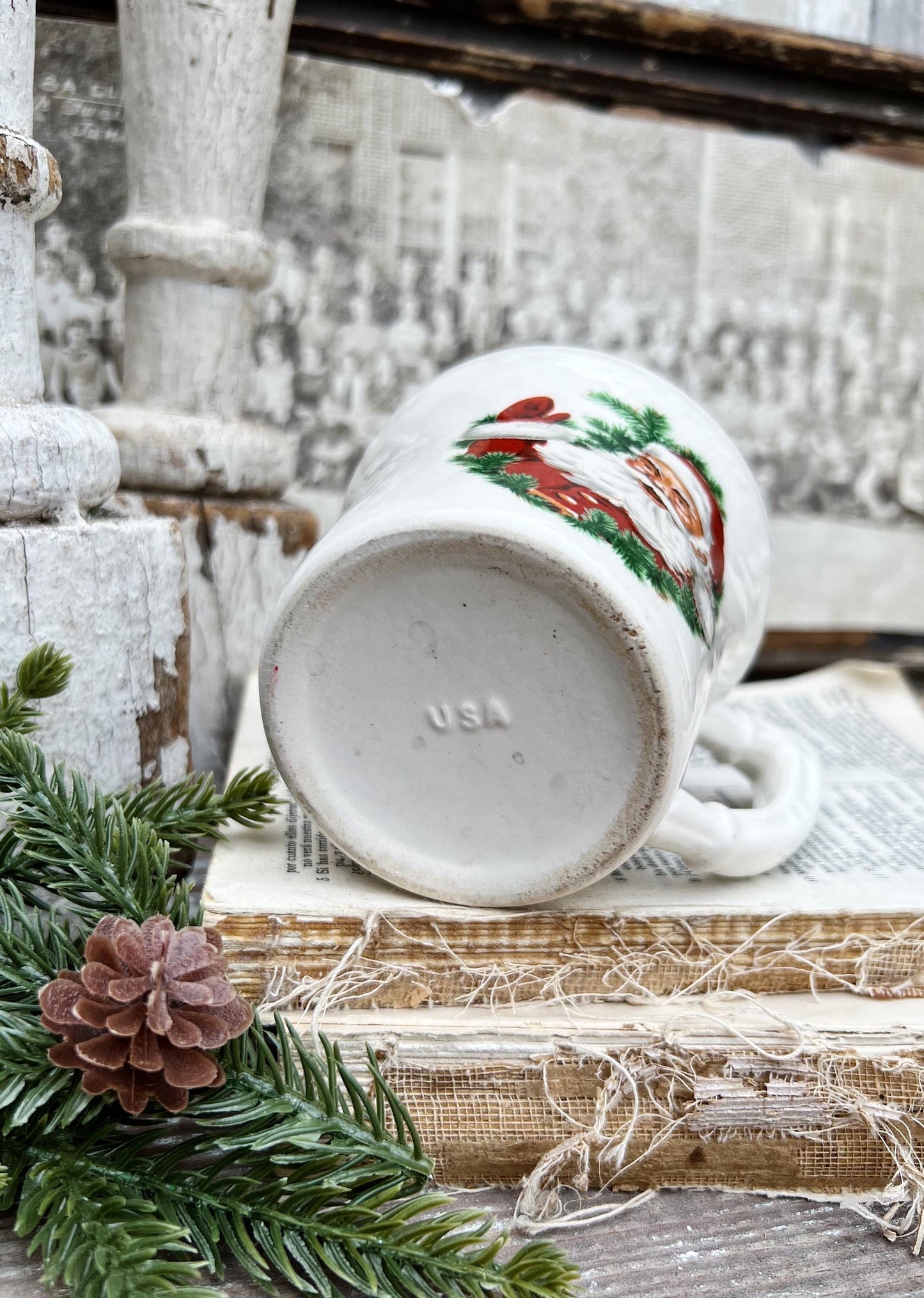 Vintage USA White Ironstone SANTA Coffee Cup Farmhouse Christmas Decor