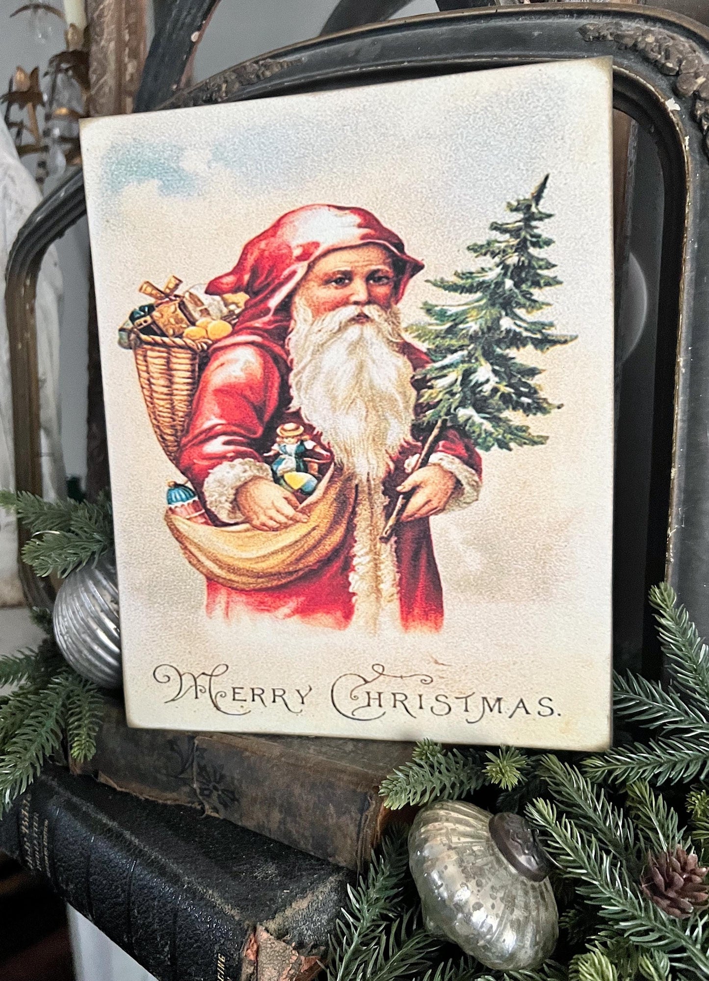 Vintage Santa MERRY CHRISTMAS Wood Sign Red Farmhouse Christmas Decor Wall Art Print St Nick with Tree