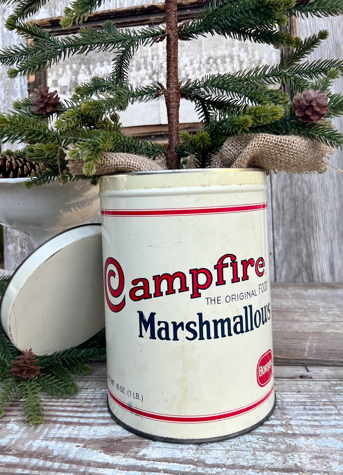 Vintage CAMPFIRE MARSHMALLOWS Tin Can Red White Blue Farmhouse Decor Industrial Salvage Christmas Decor 16 oz
