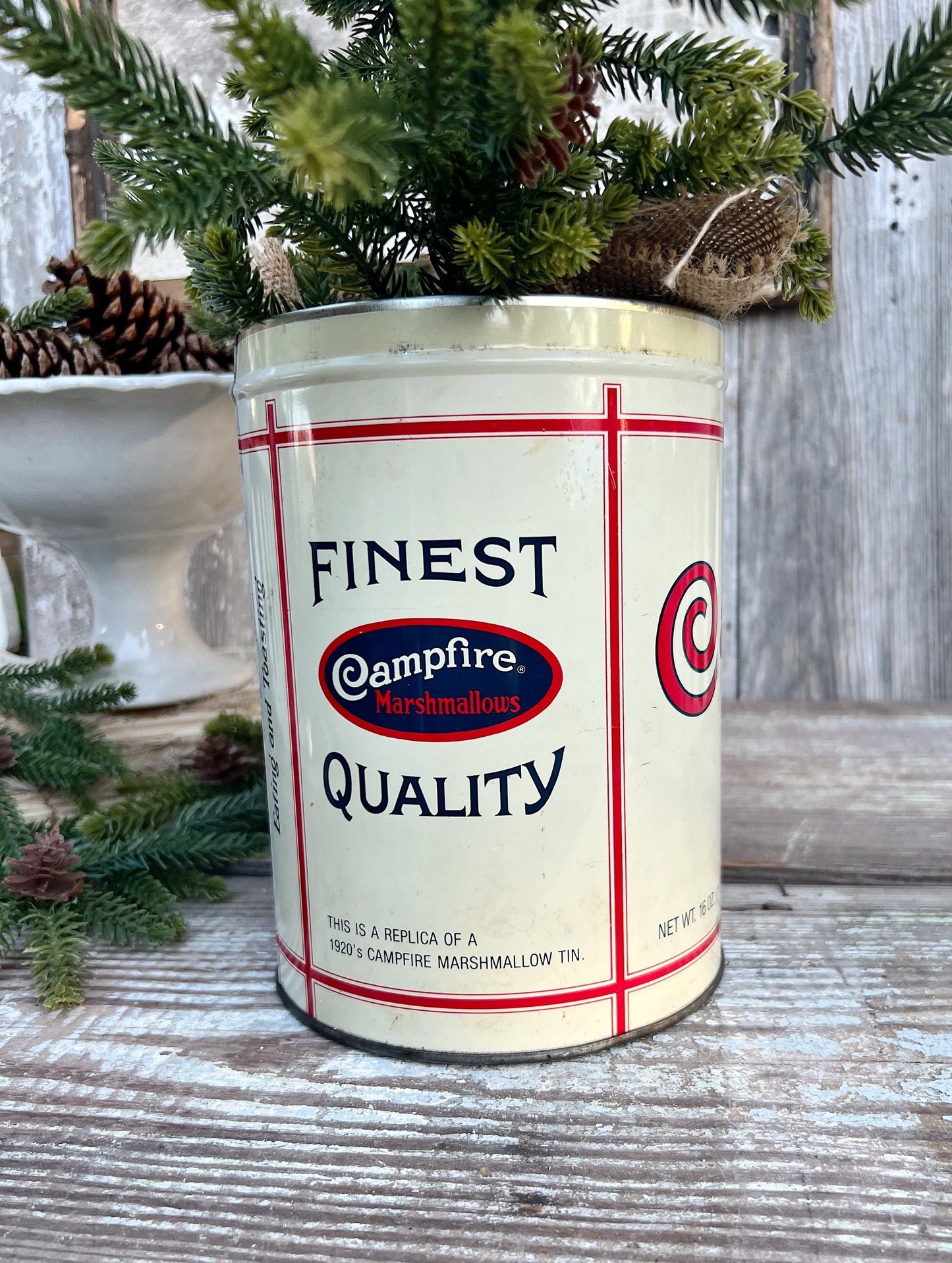 Vintage CAMPFIRE MARSHMALLOWS Tin Can Red White Blue Farmhouse Decor Industrial Salvage Christmas Decor 16 oz